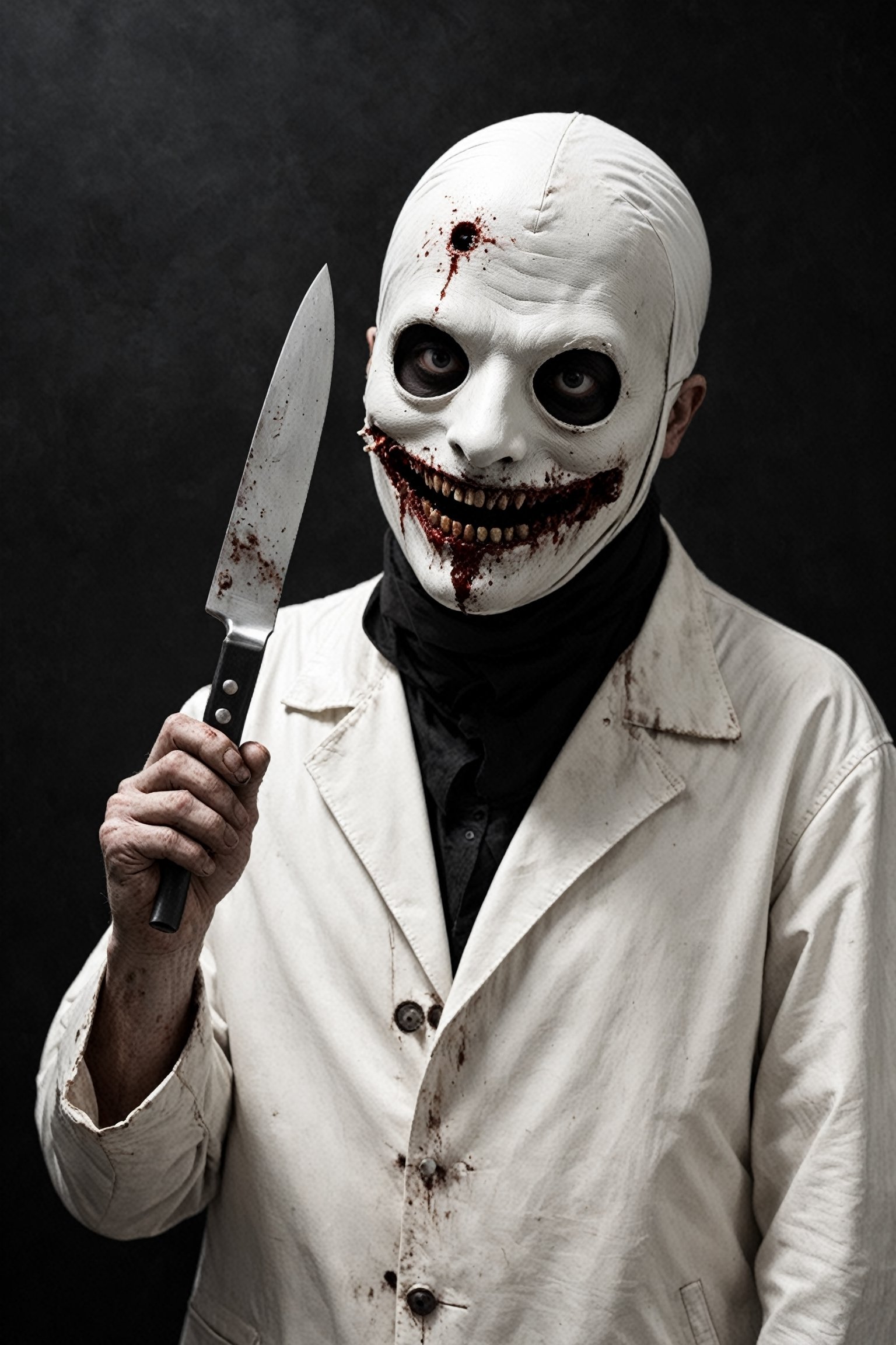 Necrobutcher, presence of fear, butcher of hell, holding a square knife in his hand with an eerie expression on his face, body without skin, protruding eyeballs.An eerie white leather mask covers his mouth.,BloodOnScreen