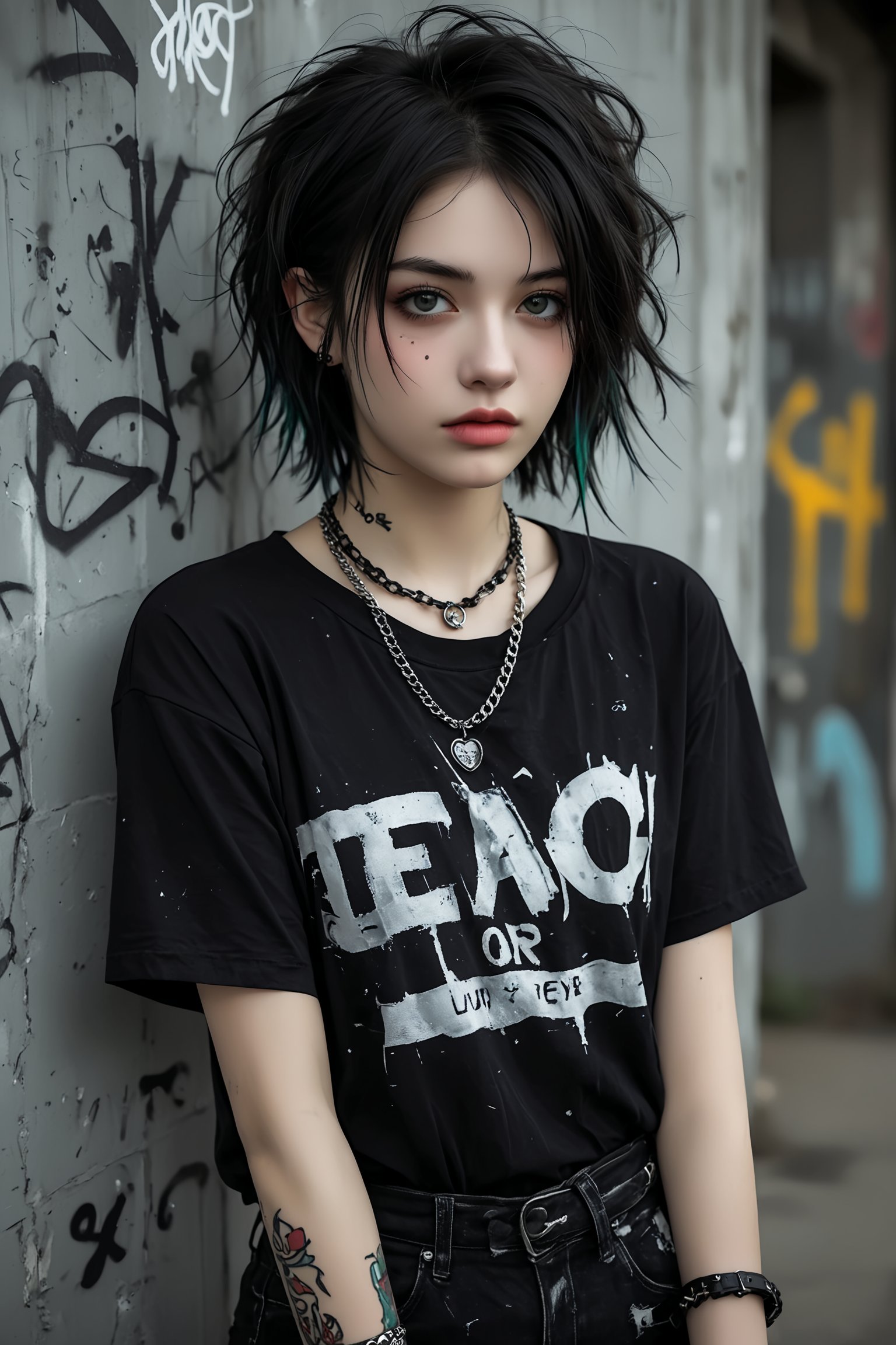 1 tomboy,Androgynous, boyish woman with emo-grunge fashion,Short tousled dark hair with colorful streaks. Striking features,goth makeup with dark eyeliner, Pale skin,ear piercings,
Outfit:Oversized distressed band t-shirt,Ripped black skinny jeans,Heavy combat boots,Layered silver necklaces and bracelets, slight smirk. Urban background, graffiti wall,
Style: High contrast photography, moody lighting. Gritty texture, desaturated colors except for hair highlights. Focus on subject's face and outfit details,goth girl,4k