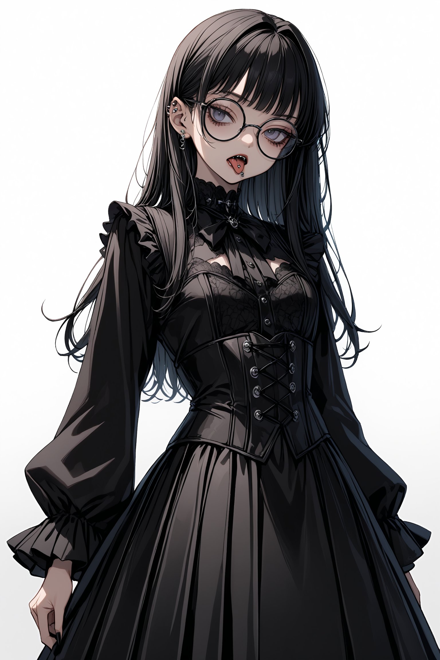 1 girl, black hair, hime cut,blunt bangs,(hair intakes),((tongue piercing)),
 ((wearing large round glasses)),dark eyeshadow, a Gothic-style sailor uniform,high school uniform,The uniform features dark colors, lace accents, and a corset-like bodice, blending traditional and alternative fashion elements,Her look is both elegant and edgy,akebi komichi,anime,goth girl