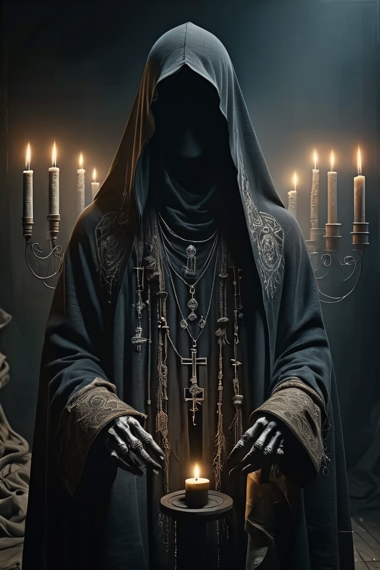Traditional Slavic embroidery, mannequin dressed in weathered cloak, ((face hidden in shadow:1.8)), face almost invisible behind robe,Pagan Sherman, only long beard visible, symbol of paganism, disastrous dark rituals,Hollow,Candelabra, candles, magic circle,
black wire mannequins