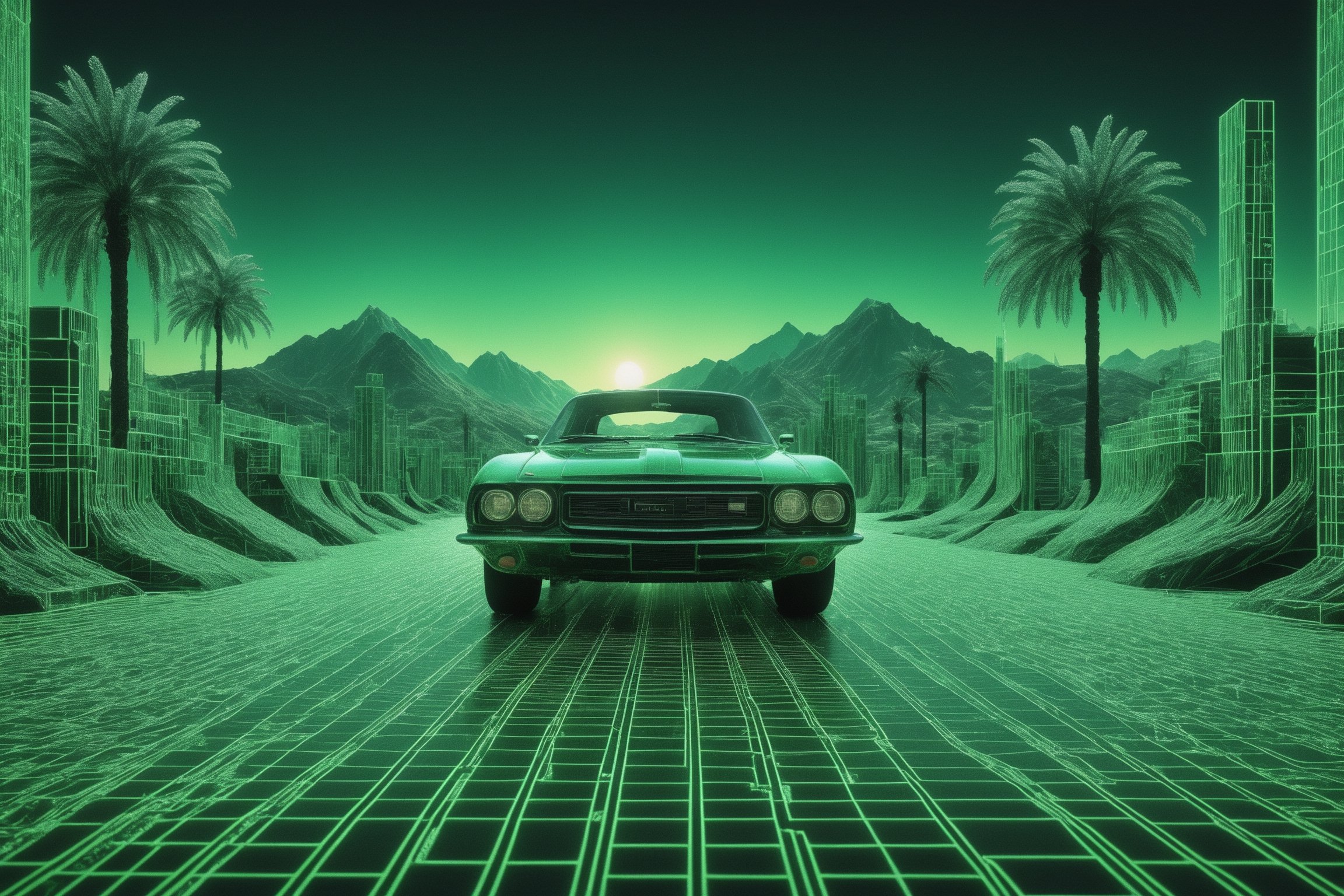 ultra Realistic 1970's wireframe CG ,Logic hologram wireframe World,
green wireframe hologram Mountain,hologram setting red sun,hologram Palm tree,hologram muscle car,
,3D Mesh,3D mesh digital Matrix,Clear Glass Skin,GLASS,Matrix code,Amidst the dynamic world of 3D design