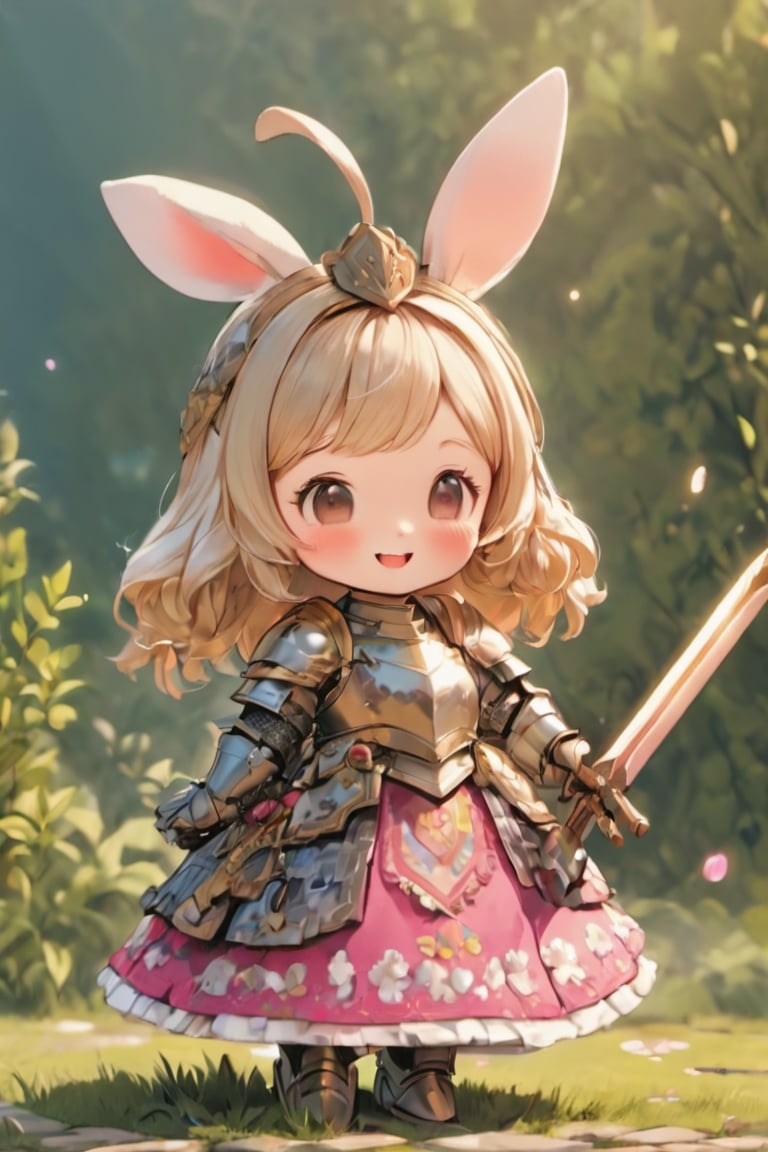 3D Figure,cute little brave  bunny,bunny ear,(rabbit nose:1.4),blush stickers,((Smile with peace of mind)), open mouth,:dpink loli armored dress, weapon holding,Beautiful embroidered dress,kawaii knight,close up,3d figure,chibi