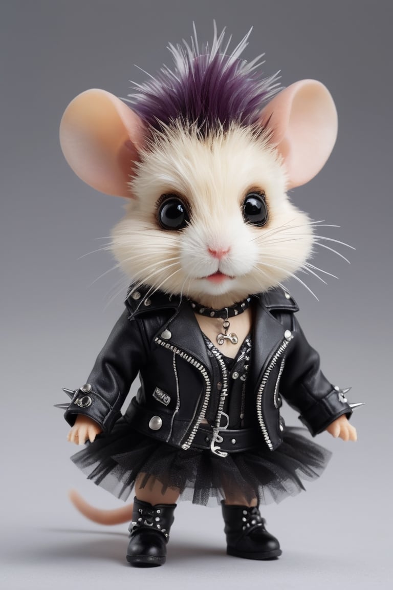  super realistic photo,darling hamster adorned in the finest Gothic punk fashion, exuding an irresistible charm with every tiny step. Picture this petite rebel dressed in a miniature leather jacket adorned with studs and spikes, paired with a lace-trimmed tutu skirt in deep, rich colors. Visualize its whiskers tipped with silver piercings, adding an edgy flair to its adorable visage.