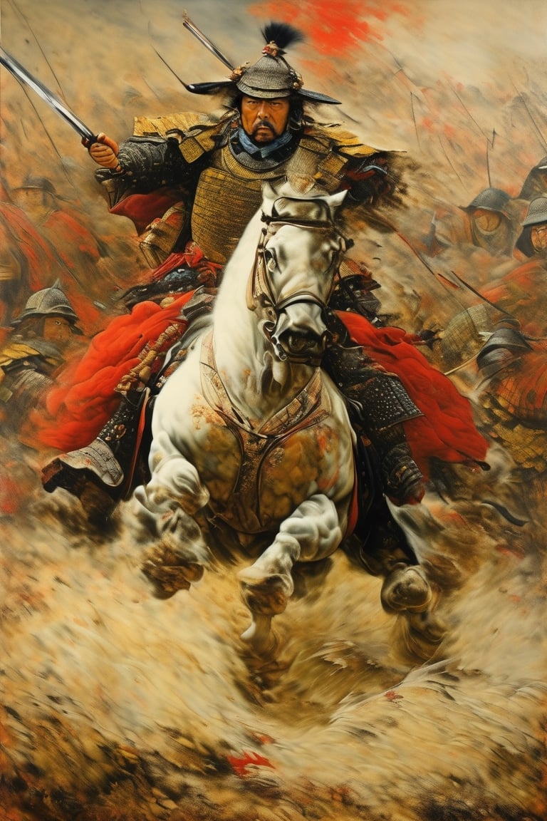 1man,A powerful oil painting depicting a 16th century Japanese battlefield, a Japanese armored warrior, riding a heavy horse, red Japanese samurai armor, a raised spear, the ground blown away, and a chaotic battlefield.,samurai