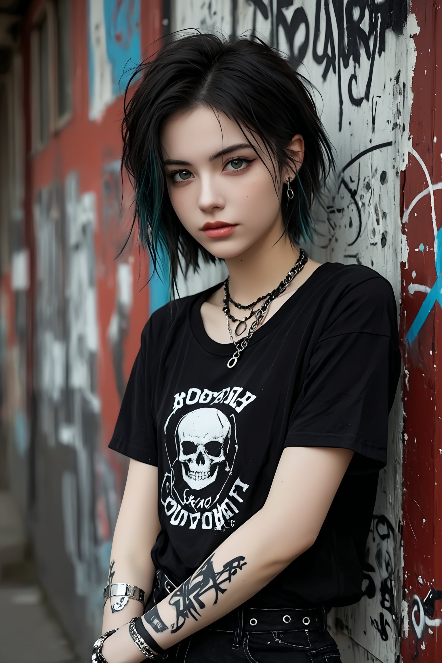1 tomboy,Androgynous, boyish woman with emo-grunge fashion, Short, tousled dark hair with colorful streaks. Striking features, minimal makeup with dark eyeliner, Pale skin,ear piercings,
Outfit:Oversized distressed band t-shirt,Ripped black skinny jeans,Heavy combat boots,Layered silver necklaces and bracelets, slight smirk. Urban background, graffiti wall,
Style: High contrast photography, moody lighting. Gritty texture, desaturated colors except for hair highlights. Focus on subject's face and outfit details,goth girl,4k