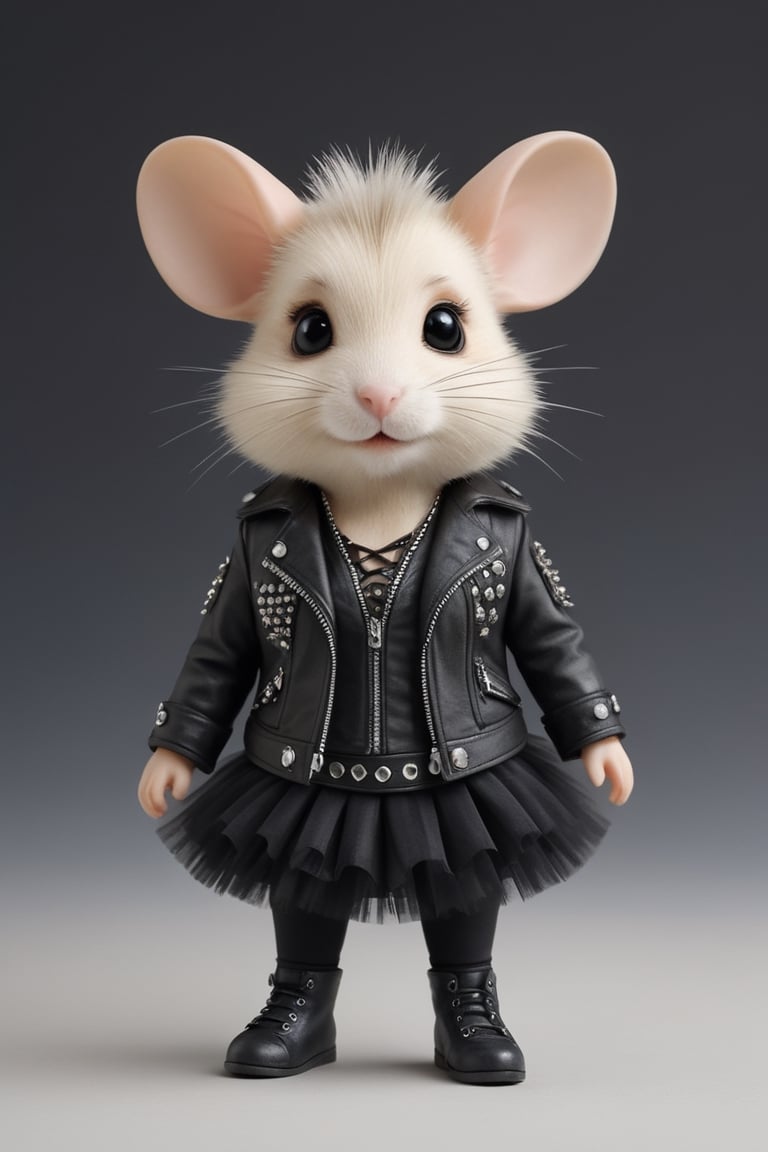  darling hamster adorned in the finest Gothic punk fashion, exuding an irresistible charm with every tiny step. Picture this petite rebel dressed in a miniature leather jacket adorned with studs and spikes, paired with a lace-trimmed tutu skirt in deep, rich colors. Visualize its whiskers tipped with silver piercings, adding an edgy flair to its adorable visage.,Animal Verse Ultrarealistic 