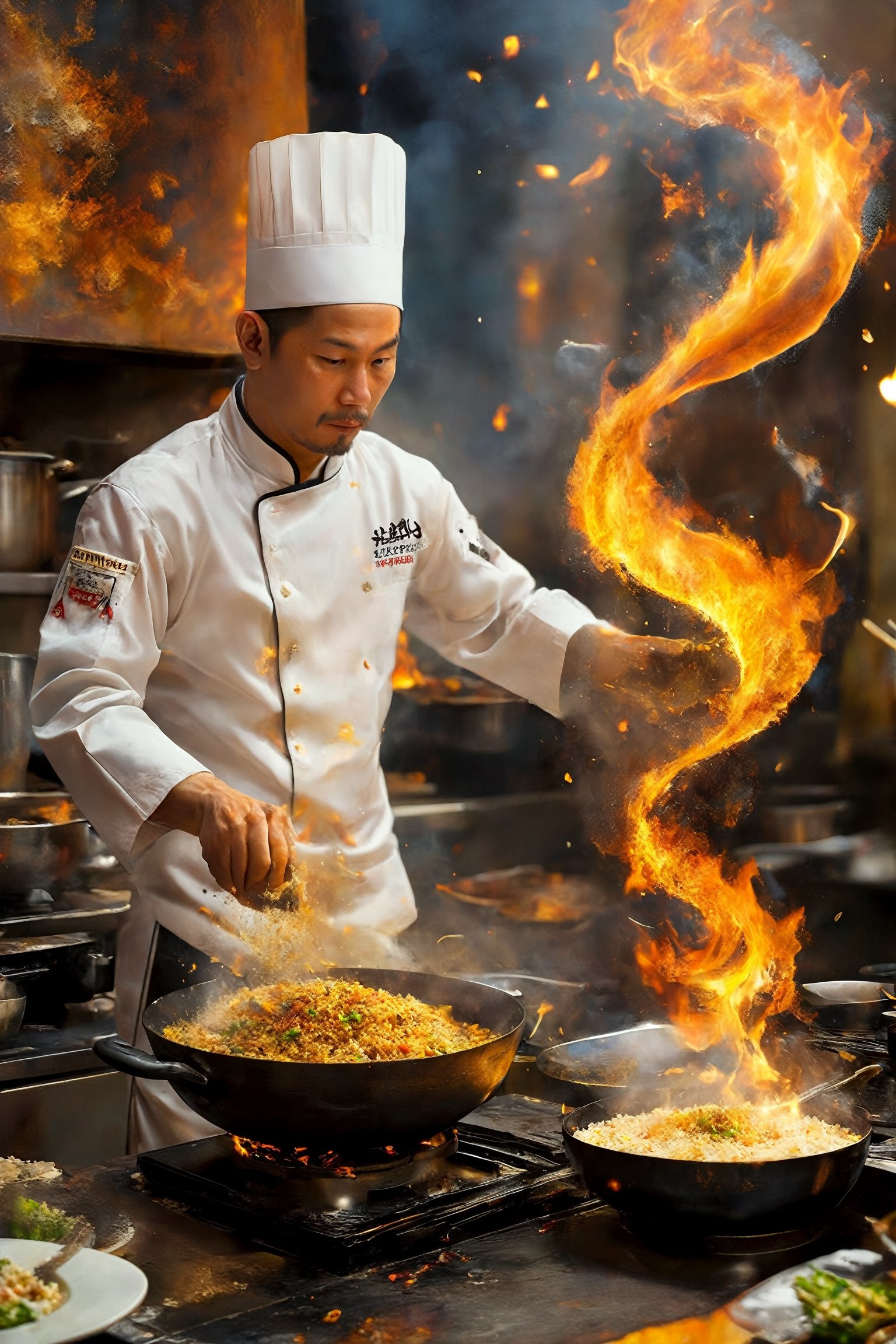 1man,a bustling kitchen where a chef prepares fried rice (chahan) with extraordinary skill and flair. With dynamic movements, the chef expertly tosses the ingredients in a sizzling wok, sending the rice and vegetables dancing through the air. Amidst the sizzle and flames, the aroma fills the air, tantalizing the senses. Despite the fast-paced action, the chef remains calm and focused, effortlessly controlling the cooking process. In this mesmerizing display of culinary mastery, the chahan transforms into a golden delight, leaving all who witness it in awe.",Katon