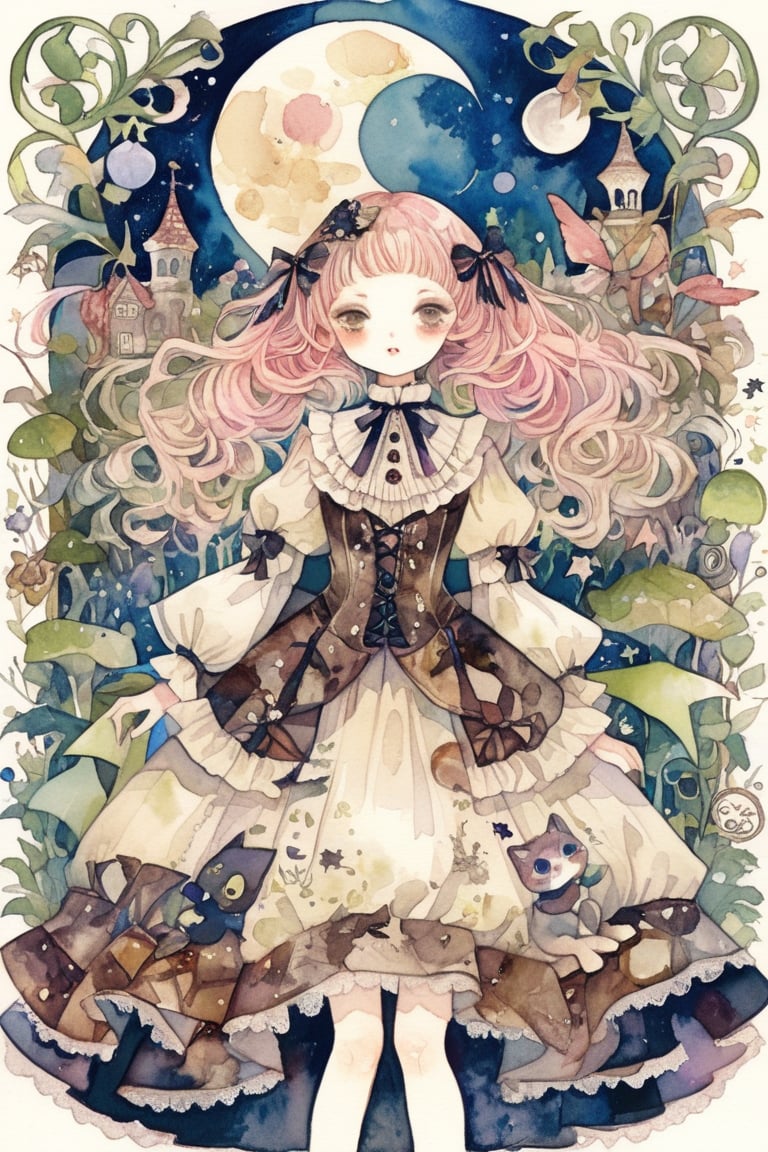 fairy tale illustrations,Simple minimum art, 
myths of another world,Perfect sky, moon and shooting stars,moon on face,
pagan style graffiti art, aesthetic, sepia, A girl in Baroque Harajuku Lolita fashion stands amidst a whimsical backdrop, her emo-inspired aesthetic radiating dark charm. The subject's dress is a masterpiece of colorful lace, pink ruffles, and intricate embroidery, adorned with velvet ribbons, ornate buttons, and brooches on the bodice. The voluminous skirt features layers of tulle and lace, cascading like a sweet surrender. ancient forest,
watercolor \(medium\),jewel pet,acidzlime