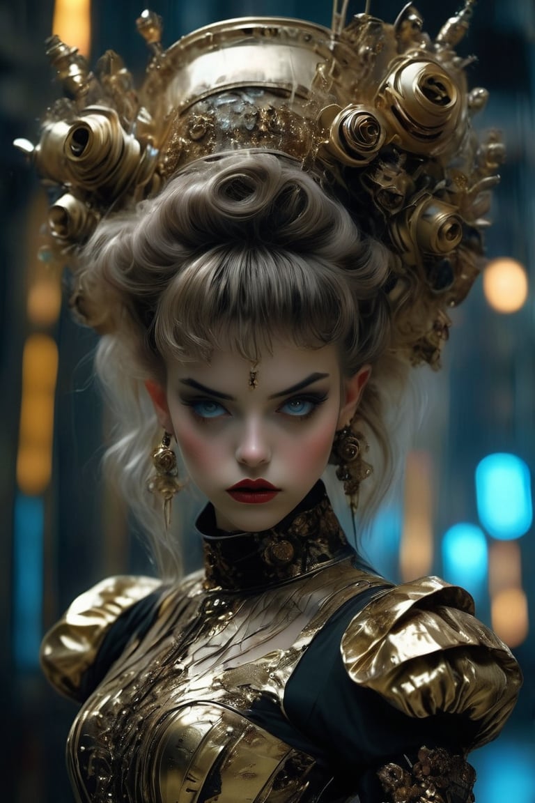 1girl,cyber eyes, hair that glows blue,soft expression
,A girl in a cyber-gothic Lolita outfit, donning an elaborate metallic gold attire, poses in front of a dark, cityscape backdrop. Her dress, adorned with futuristic patterns, ruffles, and intricate lace details, shines like polished armor under dim, blue-ish lighting. Gold-plated lace gloves, choker, and knee-high boots complement her ensemble, exuding a mix of Victorian refinement and high-tech flair. A gold filigree bonnet, complete with mechanical roses, crowns her head, while golden highlights dance across her hair. The overall effect is a striking fusion of elegance and futurism.,FuturEvoLab-lora-mecha,goth person, ct-nijireal,Ground Mine Girl