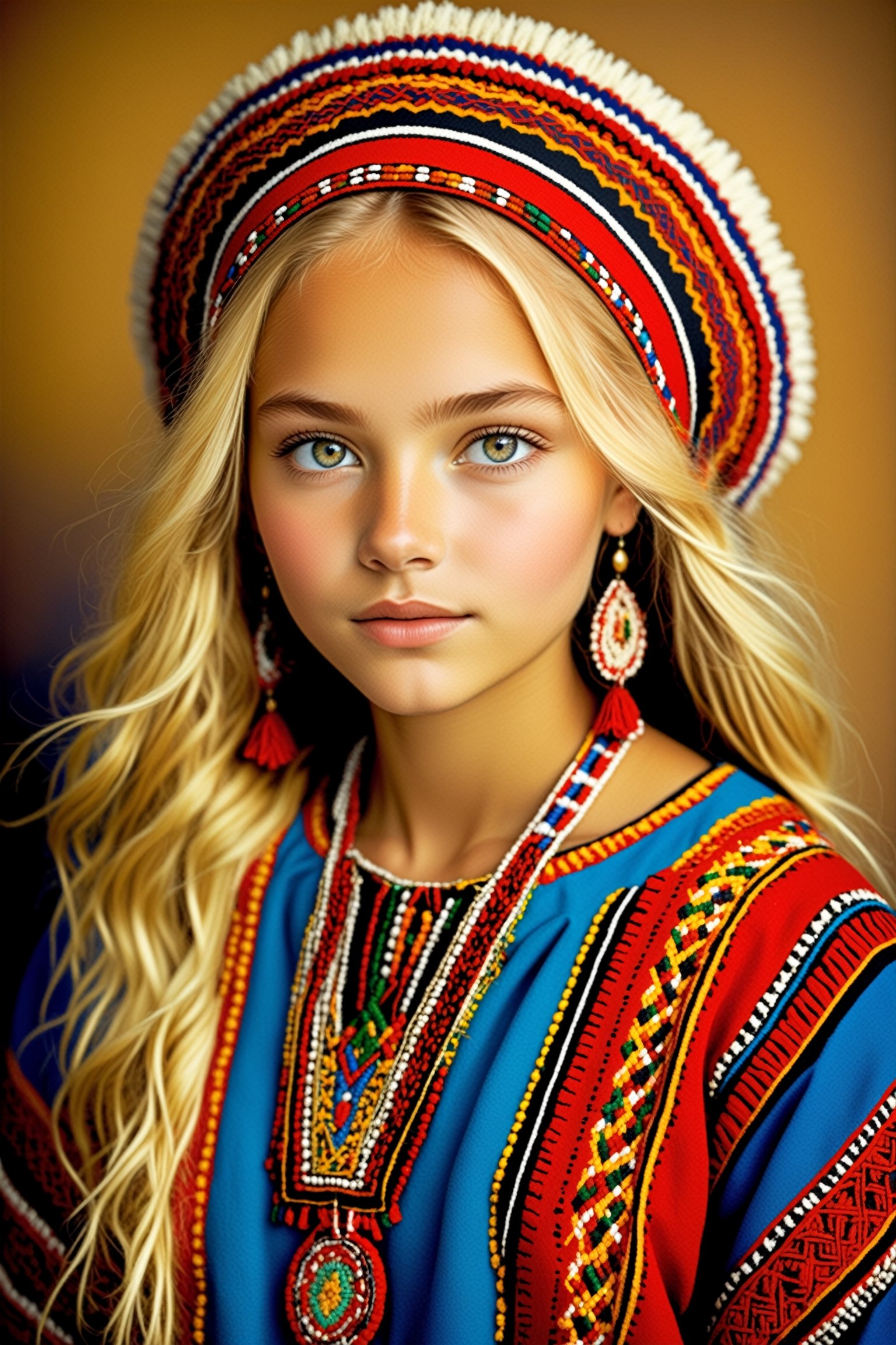  drop-dead gorgeous beautiful young girl,17 years old,highly clear face,very cute, Beautiful blonde hair,bright look,smooth curly hair,
adorned in traditional Sami clothing  kofte, representing the indigenous people of northern Europe,Her kofte intricately embroidered in vibrant colors, is complemented by traditional accessories such as a beaded belt and intricately woven headgear,,ol1v1adunne,photo_b00ster