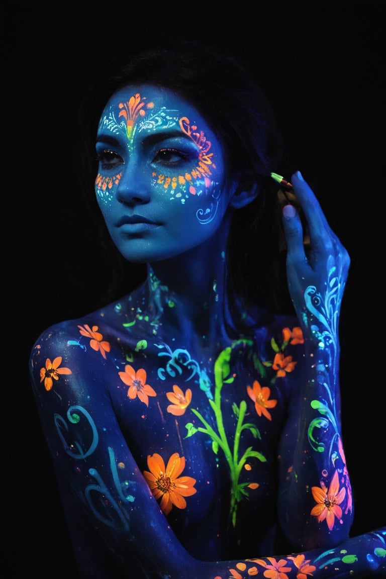 A girl, adorned with body paint, glows under blacklight, resembling radiant flowers, The intricate designs illuminate her skin, creating a mesmerizing spectacle as she moves. Each stroke of the brush accentuates her features, enhancing her natural beauty with vibrant hues that come to life under the fluorescent glow. With every graceful movement,bl4ckl1ghtxl,glitt3r,Wonder of Beauty