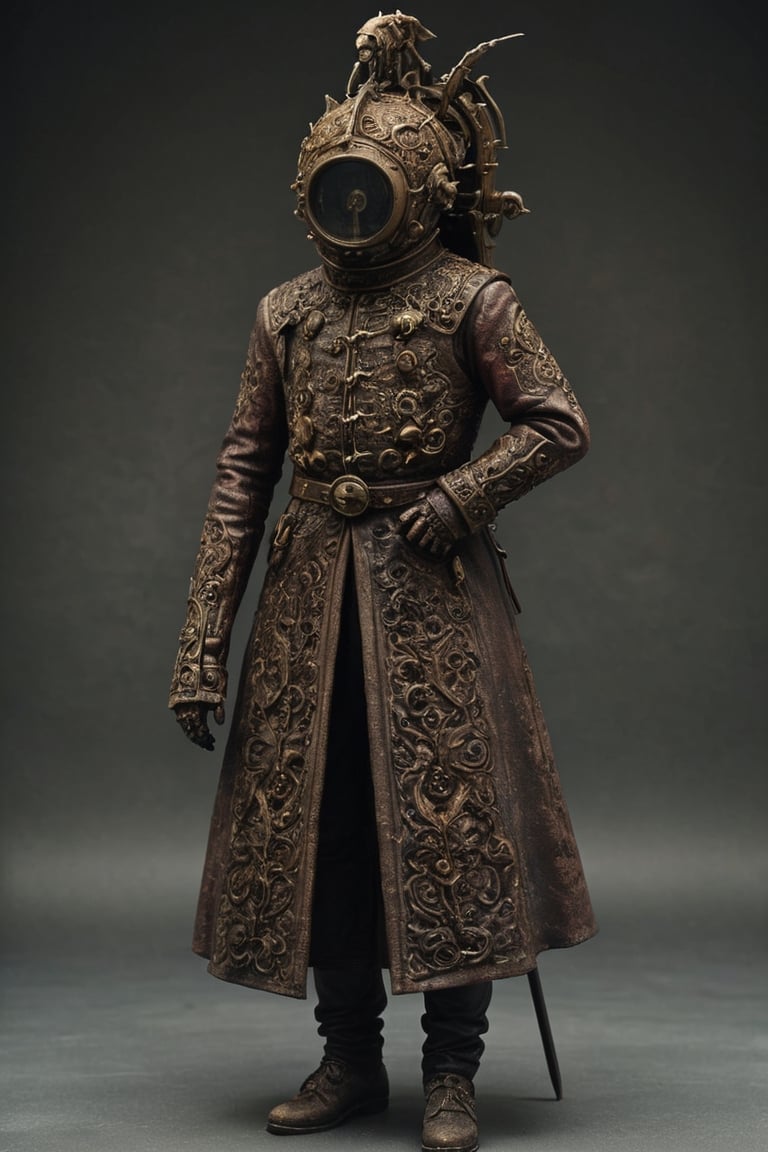 beautiful bizarre,The Art of Kris Kuksi,Intricate Design,Aphrodite, 
A person whose head is a tank turret,wears the coat of a medieval nobleman,
,action figure,LimbusCompany_Dante