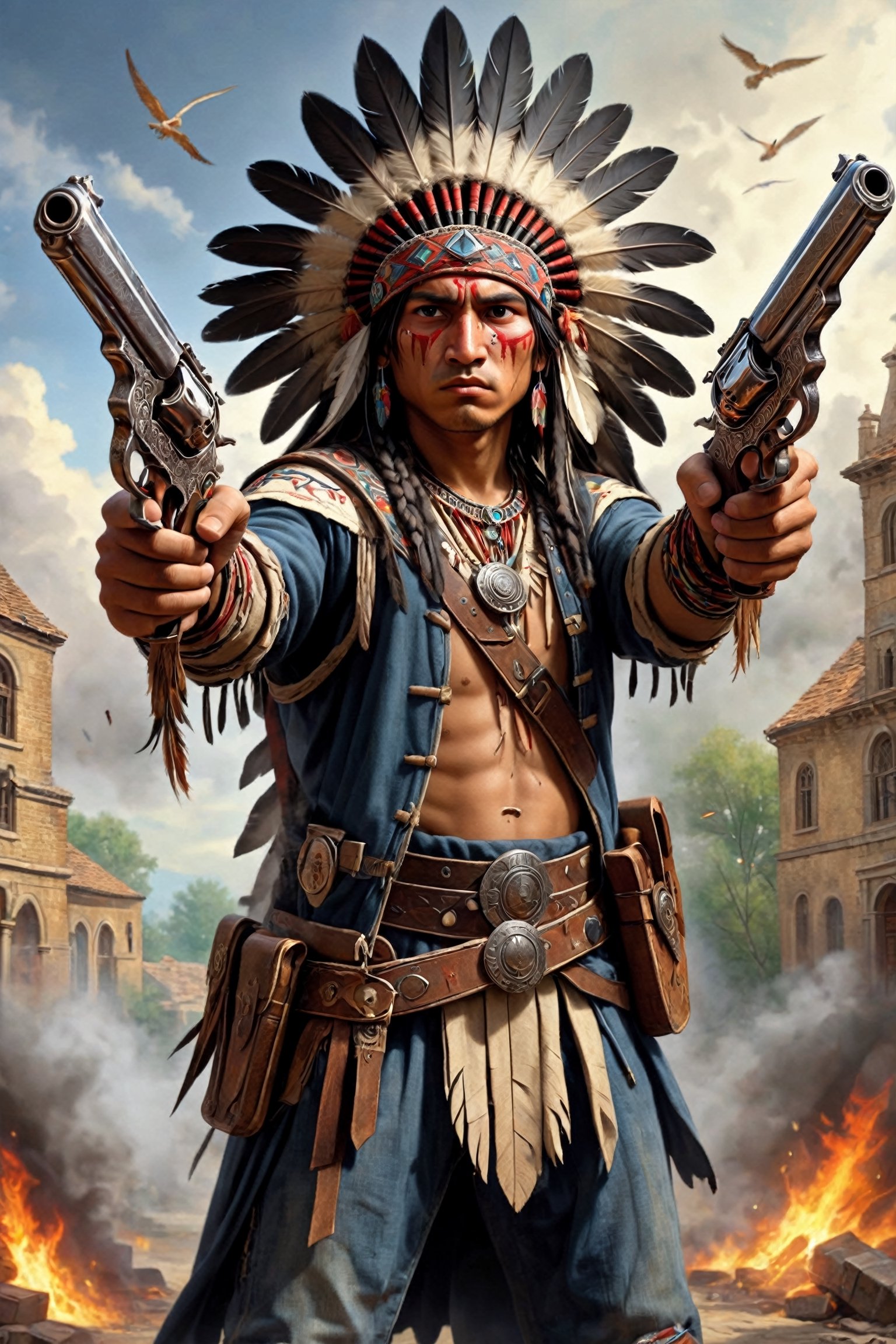 Hard-boiled atmosphere, oil art,1man, young Native American warrior,A sharp gaze full of anger, anger face, traditional Native American costume, war bonnet, eagle feather,Dual pistol in each hand,strikes a dynamic Akimbo pose,Dual_wield,Oil painting of Mona Lisa ,abmhandsomeguy,dual pistols