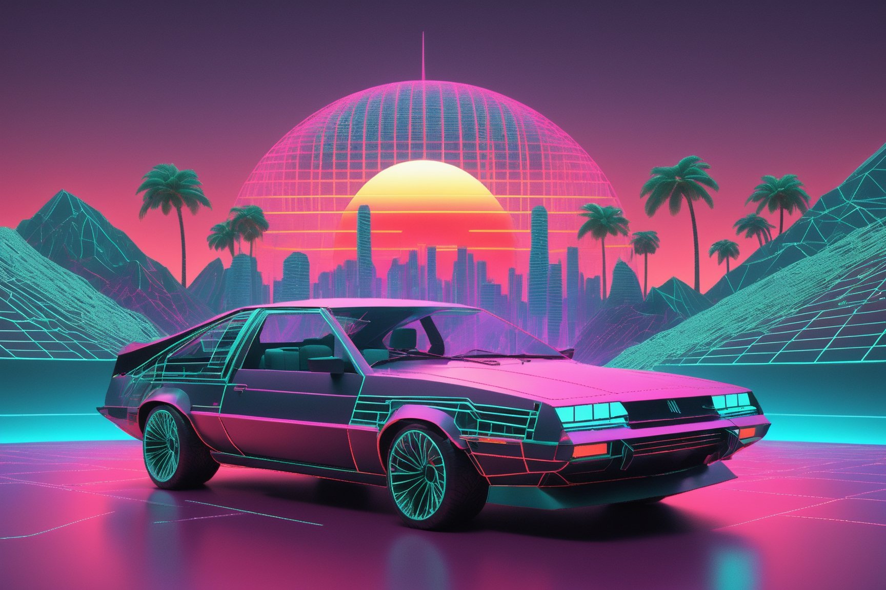 (Vaporwave),
1980's wireframe Retro CG style,Logic hologram wireframe World,
(wireframe hologram Mountain),(hologram wire framered Rising sun),hologram Palm tree,hologram muscle car,
,3D Mesh,3D mesh digital Matrix,Clear Glass Skin,GLASS,Matrix code,Amidst the dynamic world of 3D design,retropunk style