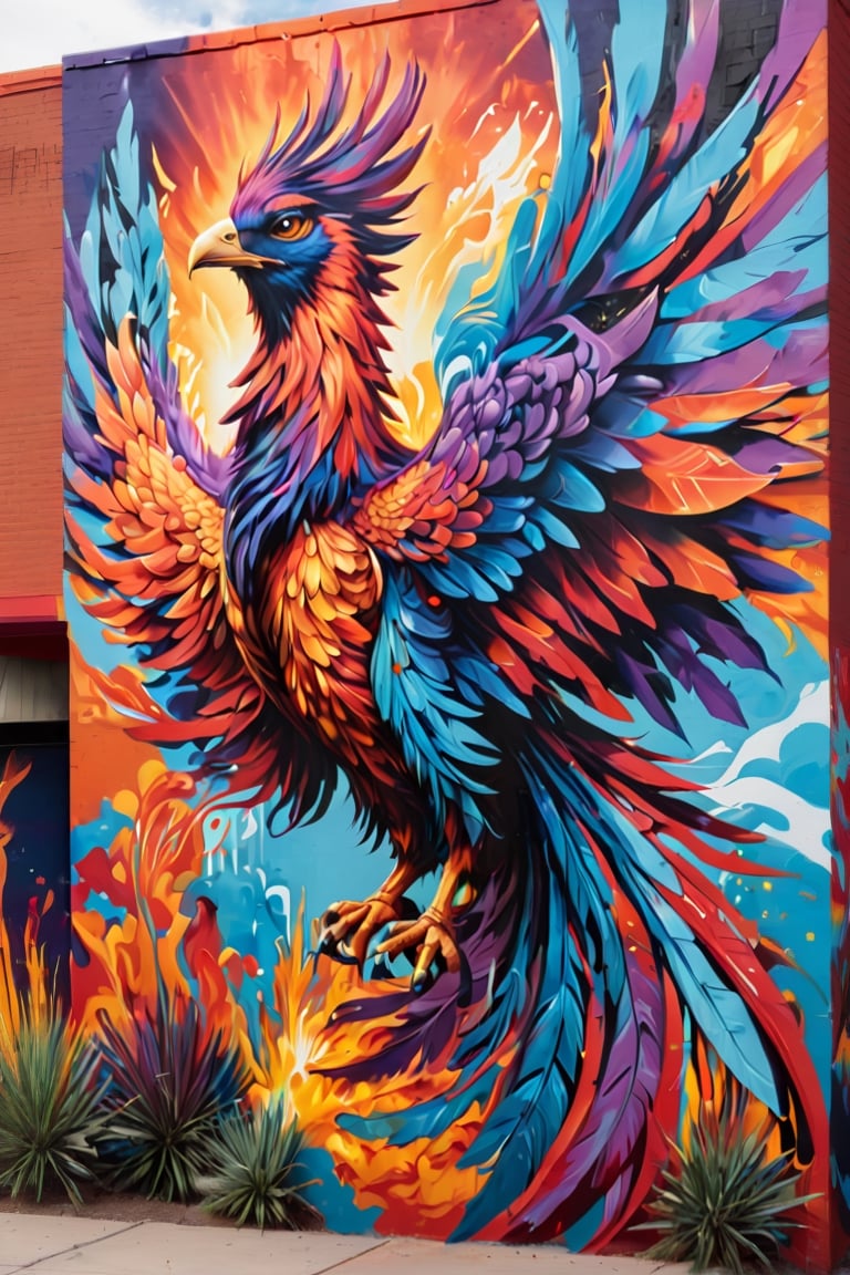 A vibrant Phoenix mural, created with aerosol spray paint, stands out amidst the urban landscape. With bold colors and dynamic lines, the artwork symbolizes resilience and renewal, captivating passersby with its striking imagery and powerful message of transformation.