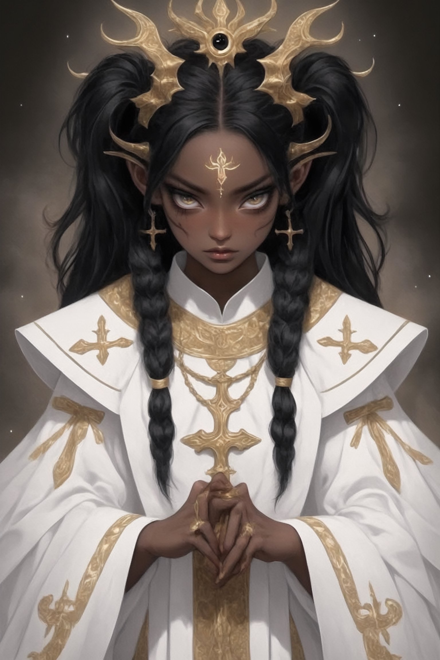 1 girl,supernatural being,(masterful),melanism demon girl,slit pupil eyes,Intricate Iris Details,,ebony skin,pure white pigtails, wearing solemn white and gold ceremonial robes, (majestic bishop's mitre),Envision the pontiff's attire enriched by intricate golden embroidery, sacred symbols,Utra,ellafreya,GothEmoGirl,glitt3r