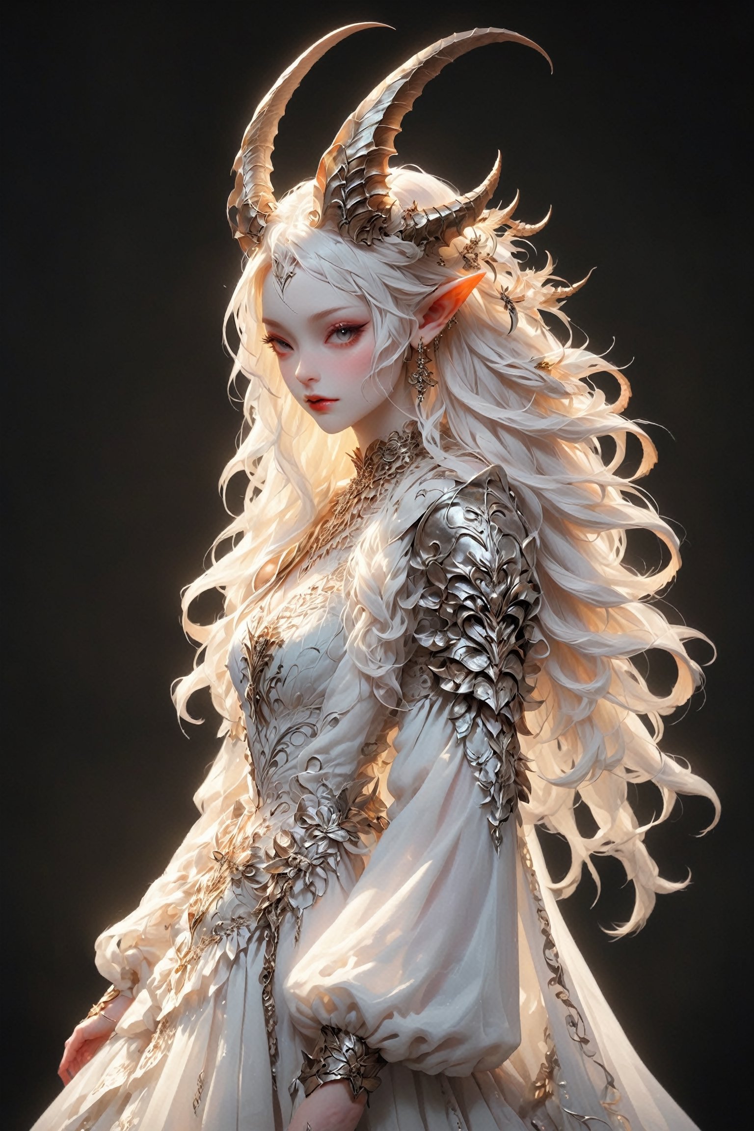 Ultra Realistic,
1 girl, (masterful), albino dragon fairy girl, dark magic, divine girl, pale skin, (demon horns:1.2),
In her elegant attire, the albino demon girl embodies an enchanting blend of dark allure and Rococo refinement,meticulously crafted with cascading layers of lace, features a corseted bodice that accentuates her slender waist. Delicate silver embroidery adorns the edges of the gown, tracing ethereal patterns reminiscent of dragon scales,
, ,lis4,cutegirlmix,Christmas Fantasy World,renny the insta girl,ct-niji2,RitterBalberith