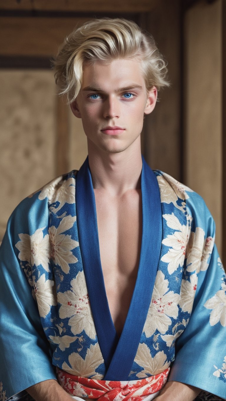 ultra Realistic,
high-Detailed beautiful face,cowboy shot,
young Nordic man,blonde hair,blue
Eyes,
full body,perfect Face,wear kimono very loose and slovenly,luxury male kimono,
European antique room background,p3rfect boobs,cleavage,perfecteyes,