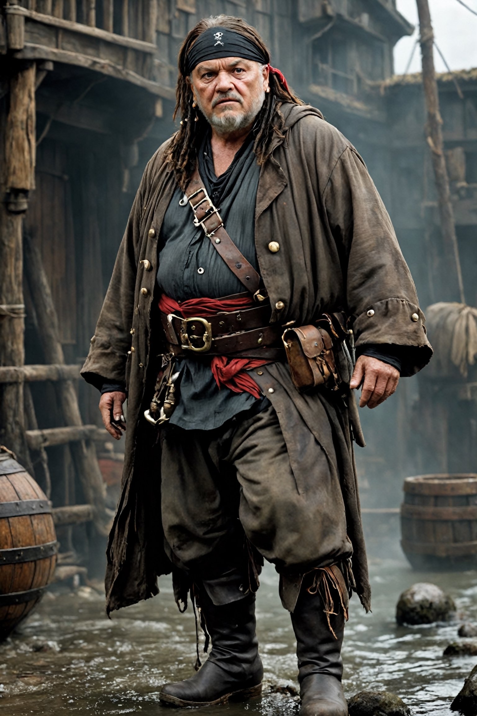 Ultra realistic,ugly old male pirate,low-ranking pirate,
black eyeliner, dirty coat,(fat),(bandana hood:1.2),baggy trousers,gun belt, knee-length boots,Leonardo, Movie Still