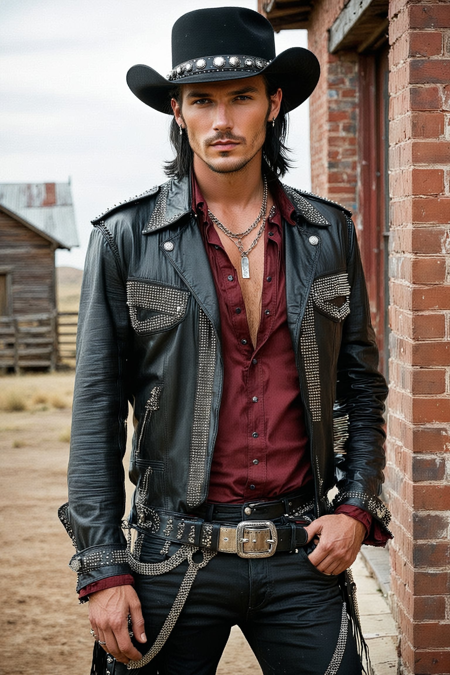  dandy man, in a Gothic punk-inspired cowboy outfit, He wears a black wide-brimmed cowboy hat with silver studs and a dark feather, a tailored black leather jacket with lace and chain details, and a deep crimson ruffled shirt. His fitted trousers feature metal spikes and buckles, and knee-high leather boots with silver accents and spurs complete the look. An ornate studded belt holds a sleek, engraved revolver. This blend of rugged Western charm and edgy punk sophistication creates a striking and unforgettable figure.,Handsome boy
