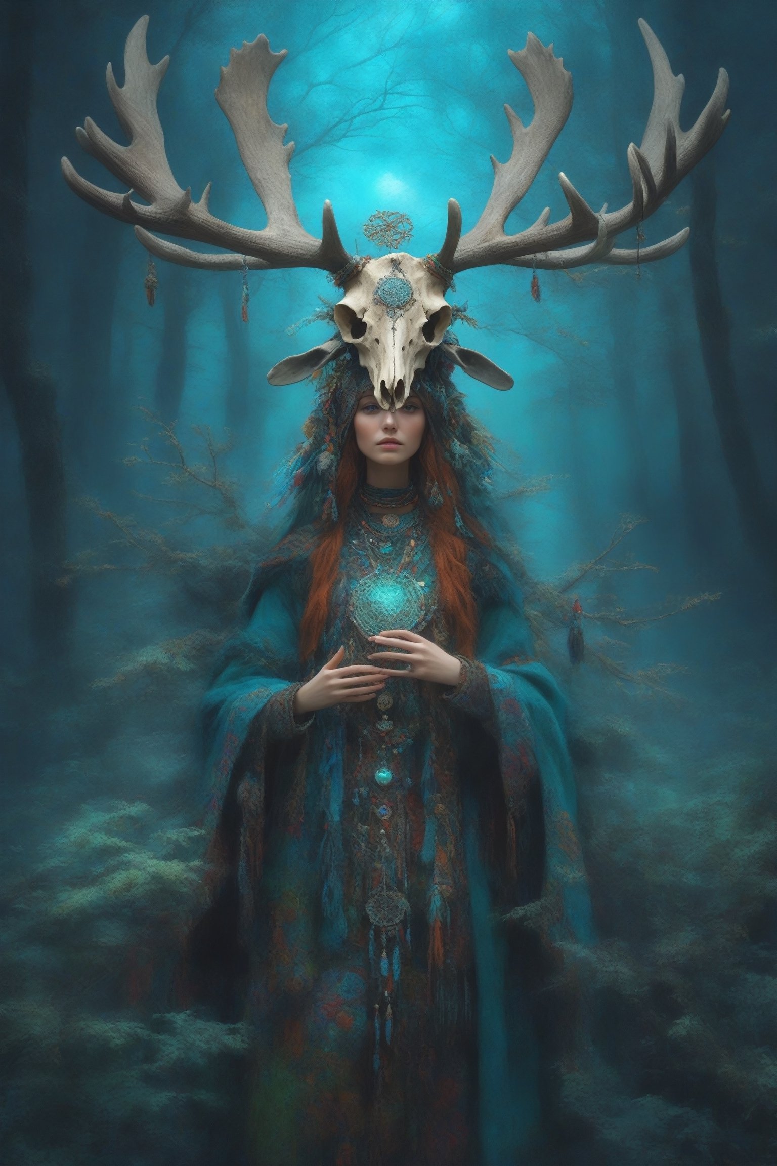 A shaman girl with a large moose skull on her head,The strange decoration of dead branches, the mysterious and brightly colored Celtic shaman costume, and the girl is surrounded by a mysterious aura.,extremely detailed