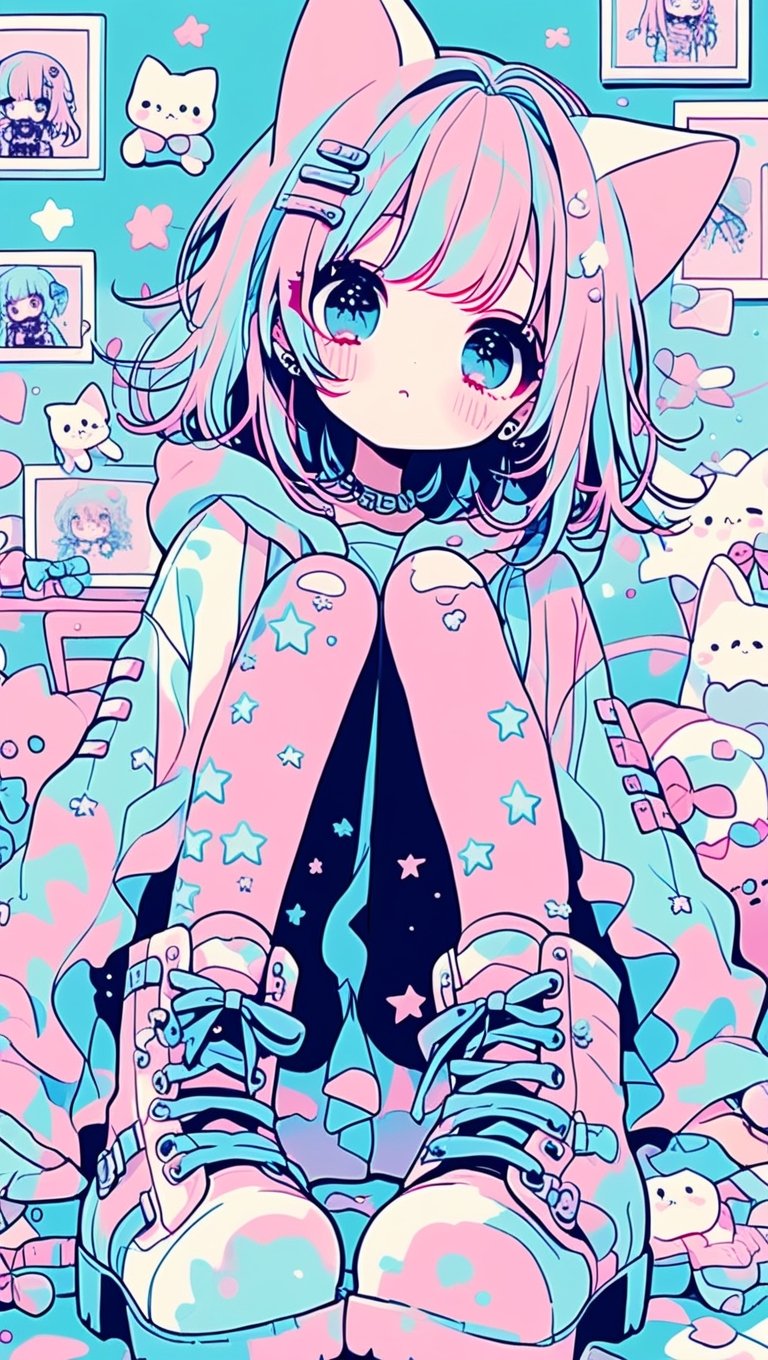 dal-3,,vtuber,
cute anime characters,Beautiful blue eyes,asymmetric bangs,candy punk Fashion,Hooded hoodie shaped like a cute kitten,cat ear hood,Pastel colored clothes based on blue and pink,Pastel Emo Fashion, Anime Print Shirt,Gothic Style tights, long military boots, score_7_up,dal-6 style,pink-emo,emo,dal-1
