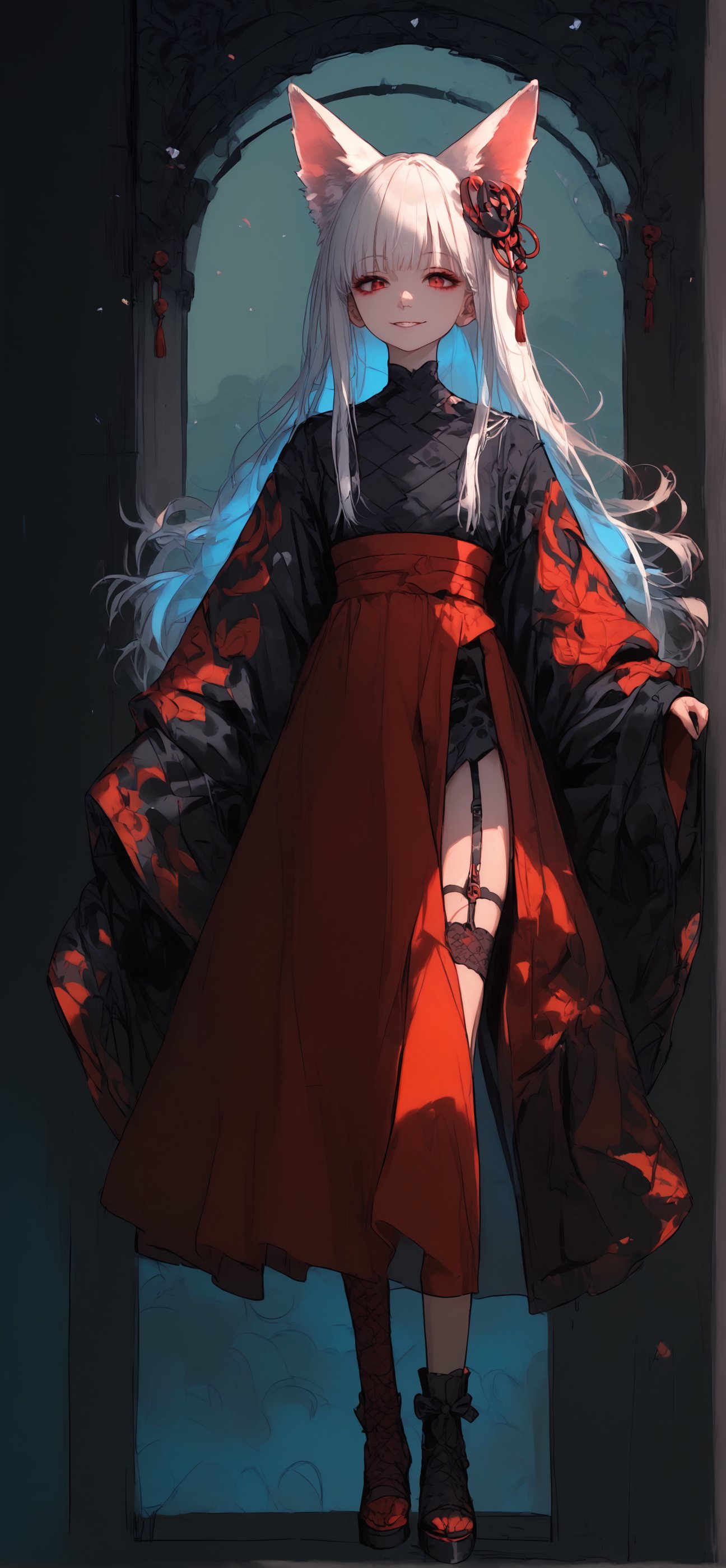 (score_9,score_8_up,score_7_up),Albino fox Girl,animal fox ears,red eyes,long pure White hair,red skirt,goth style luxury layered kimono,hair ornament,Full body,v,smile,goth girl,sagawa,garter straps,YuukiTeitoStyle,Examplelora