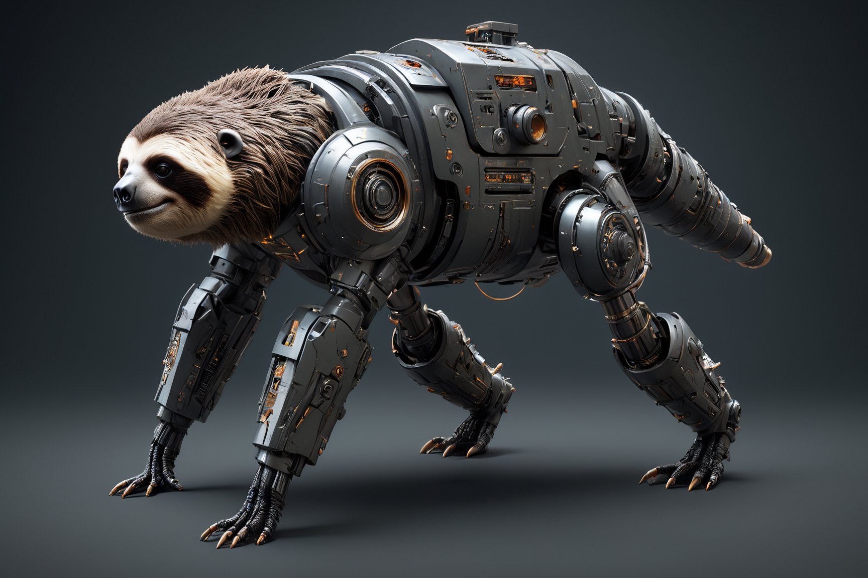 Extreme detailed, ultra Realistic, futuristic, A animal sloth with a high-tech Gatling gun on its back, Solo, 1sloth, large Gatling gun, fire, high-tech cybernetics sloth,((four legs)), ULTRA Real, military, monster, ,mecha,