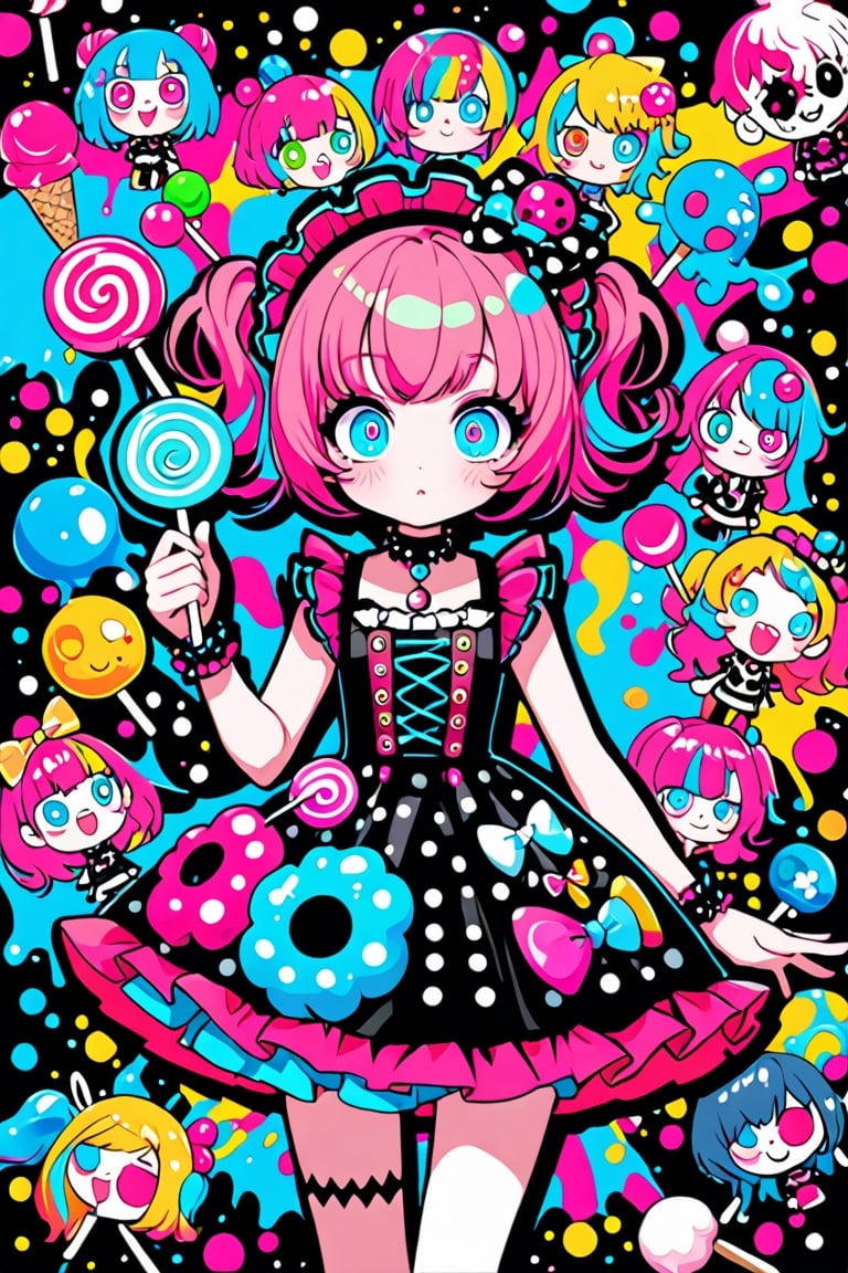 children's doodle style,
Colorful pop art, candy pop, lollipop punk, brightly colored berry beans, emo pink lolita girl,big Eyes,A dress made of jelly and ice cream,
 maximalism design,emo,dal-6 style,Color Splash