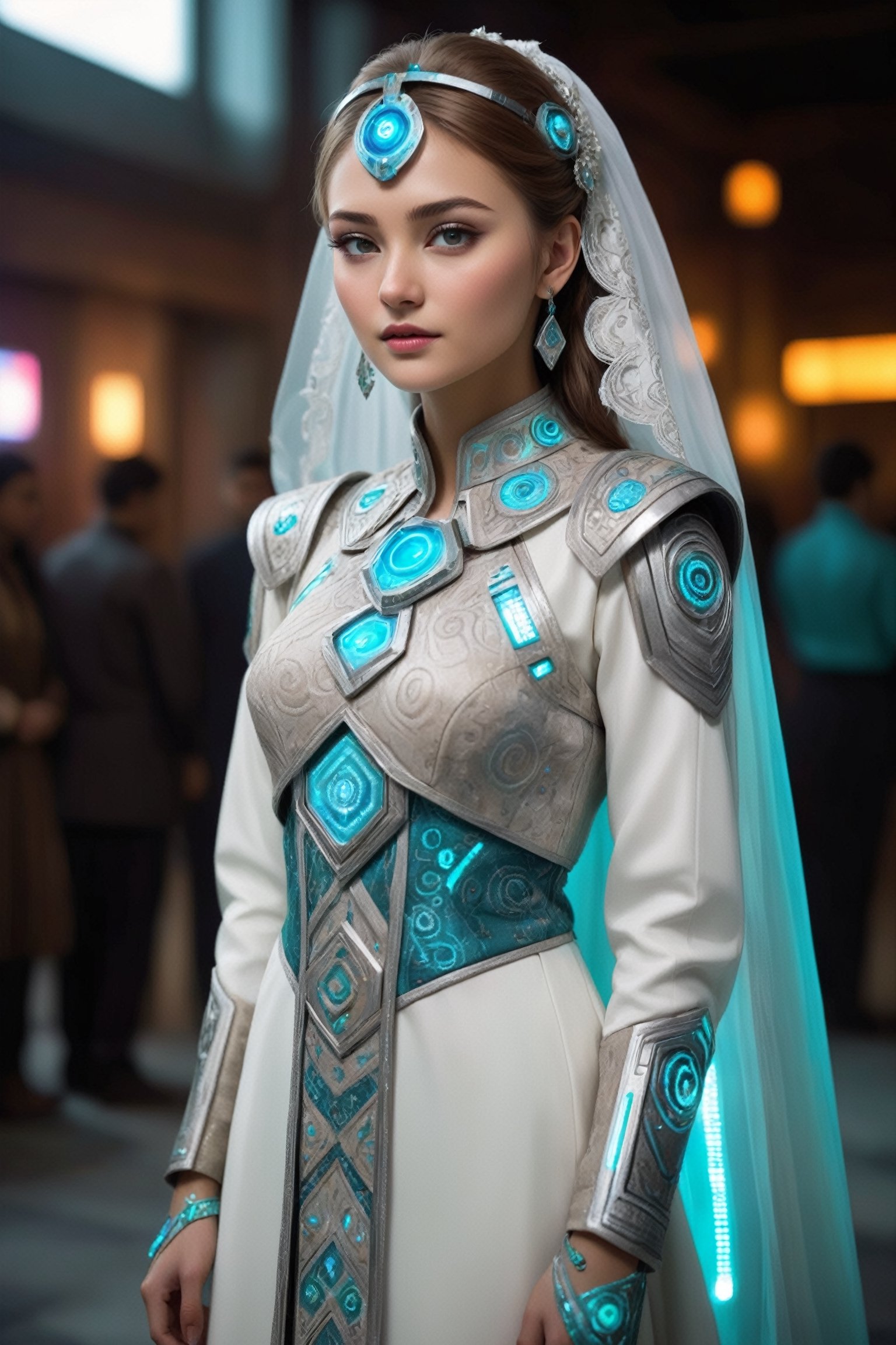 1girl,(Nordic girl),
 Kazakhstan's cyberpunk-inspired traditional wedding attire, sleek colorful fabrics replace traditional textiles, with intricate circuitry patterns adorning the garments. The bride's gown angular lines reminiscent of futuristic armor, embellished with holographic accents and LED lights,such as illuminated accessories and augmented reality displays embedded in his headgear,Pakistani dress