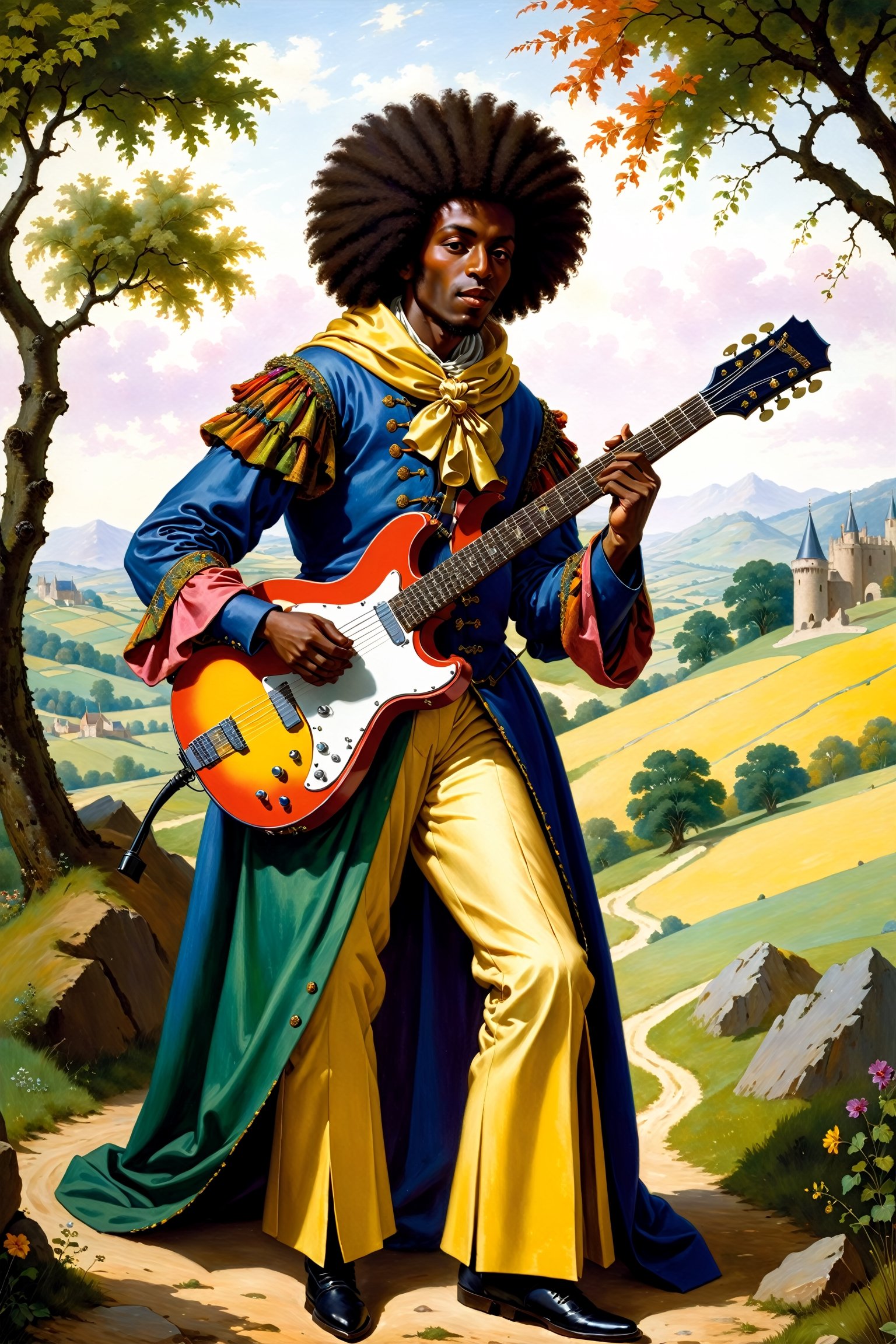 A medieval minstrel with very colorful suit with tippet and hood playing a ((Electric guitar)) in a romantic landscape,guitar amplifier,afro-hair,
 oil painting, extremely detailed, masterpiece, approaching to perfection, by Moritz von Schwind and Alan Lee 