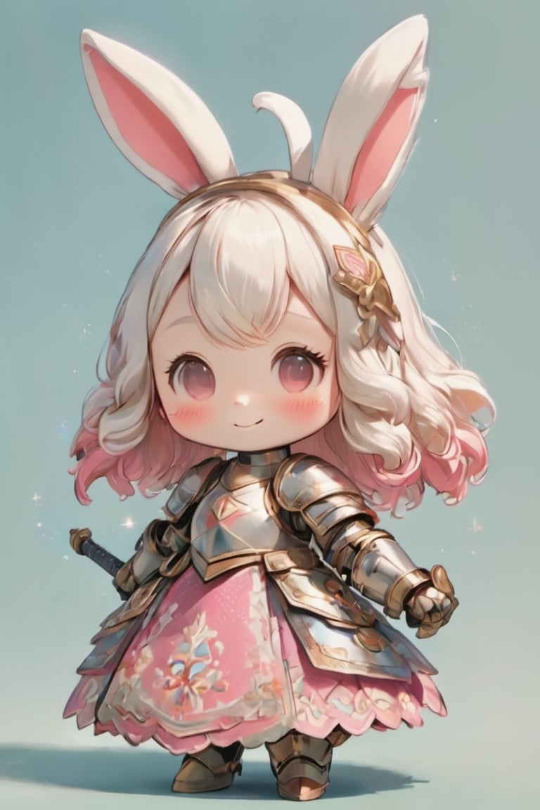 3D Figure,cute little brave  bunny,bunny ear,(rabbit nose:1.4),blush stickers,Smile with peace of mind,sparkling cute eyes,pink loli armored dress, weapon holding,Beautiful embroidered dress,kawaii knight,close up,3d figure,chibi