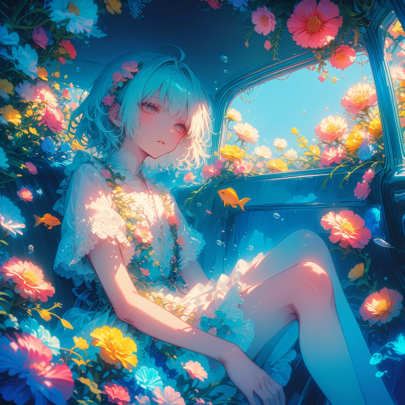 Simple minimum art, myths of another world,
pagan style graffiti art, aesthetic,
1boy, interior of an old car, many beautiful blooming flowers, the car covered with plant vines, the interior of the car, a boy sitting in the car, the car is sunk at the bottom of the sea, beautiful flowers and coral reefs, many jellyfish surround the boy, flower car, in car,anime,underwater,emo,dal-1