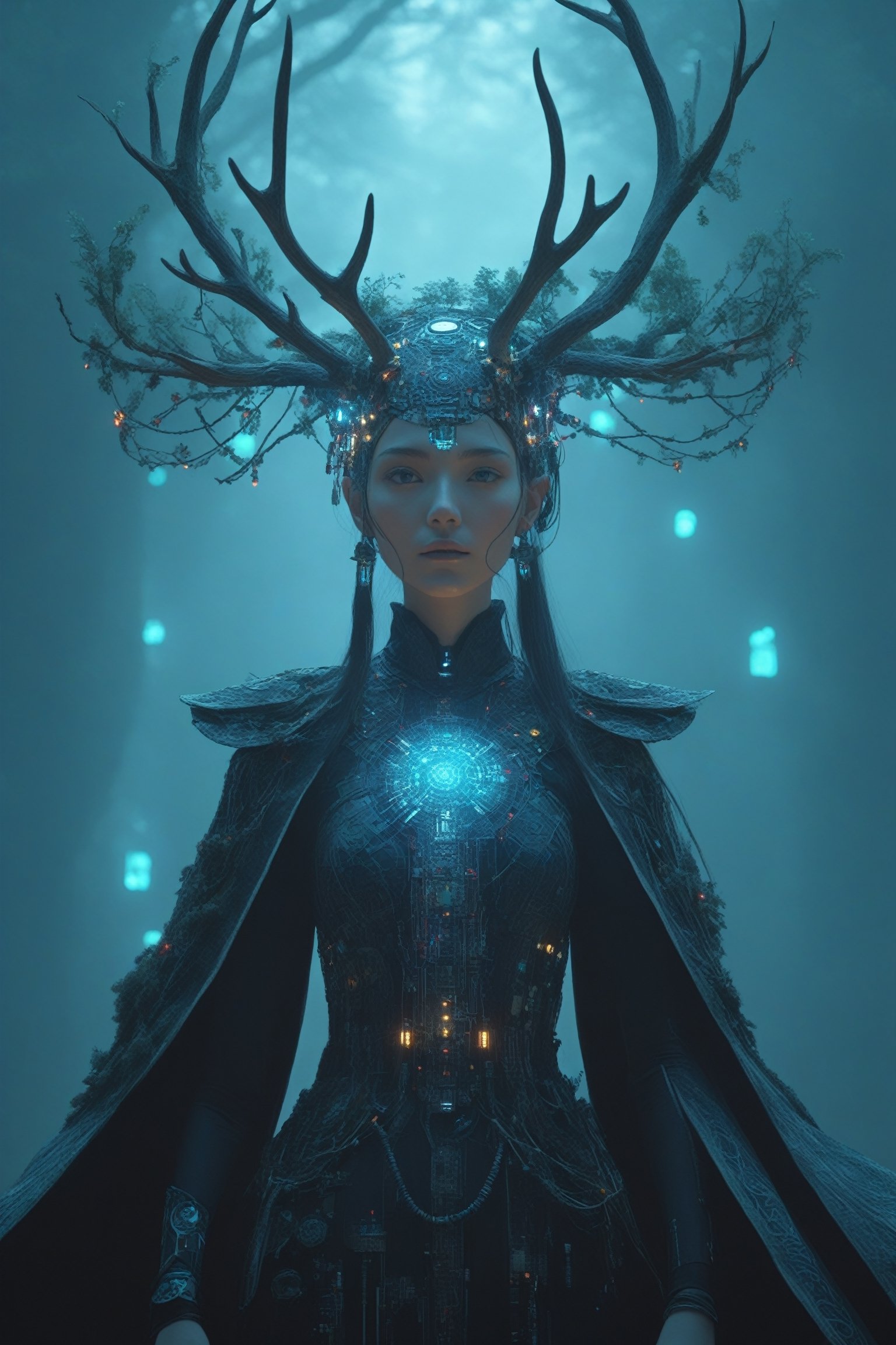 A cybernetic shaman girl, with a large elk skull on her head, strange LED decorations entwined with dead branches, a cape made of intricate circuit boards, a mysterious and colorful Celtic shaman's costume, the girl is surrounded by a mysterious and electronic aura,extremely detailed,circuitboard