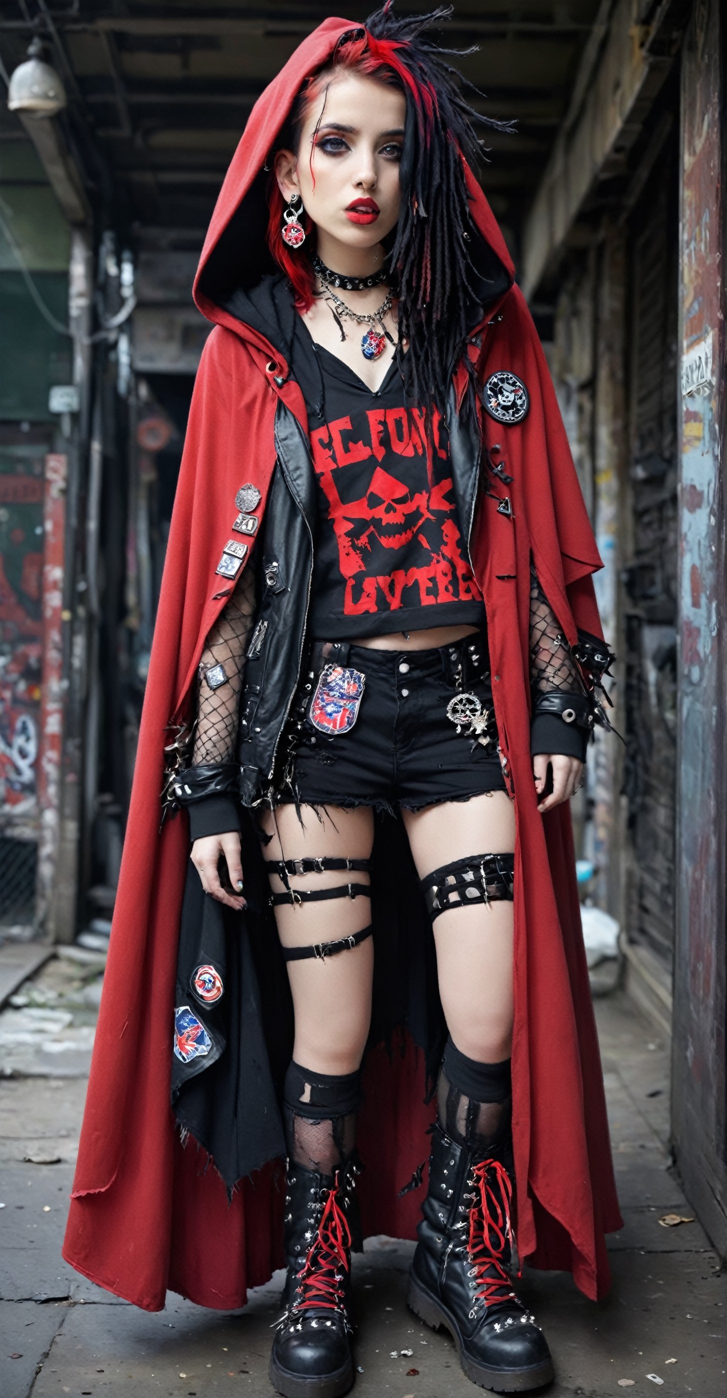 A punk rock version of Little Red Riding Hood, 14, dressed in a rebellious fusion of edgy fashions
(standing:1.2), red hooded cape with torn fishnet accents, adorned with punk-inspired patches and pins. Septum earrings, more calls, ratty dreads, more patches, crust-core, anti-union flag designs, dirty torn studded spike leather jackets, hardcore punk style jackets, lot punk badges, military boots laced up her legs,,Rebellin, Dal,Pink Emo,pink-emo