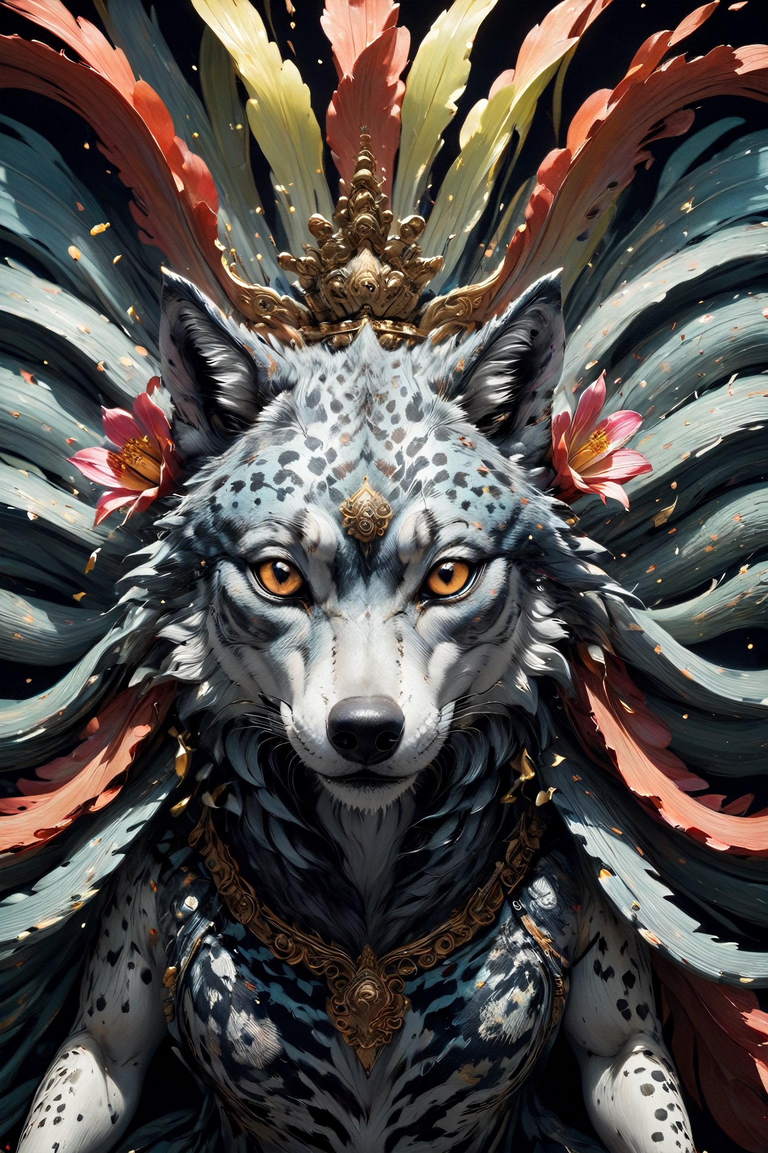 Animal close up portrait, Chaotic black and white patterns, asymmetrical silhouettes, (Ultra High Definition), (Ultra-Realistic 8k CG),colorful sea‐lily,
1Wolf,decorated with gold, tattered ,detailed,in Velvet Room,Acidmelt,colorful,anthro