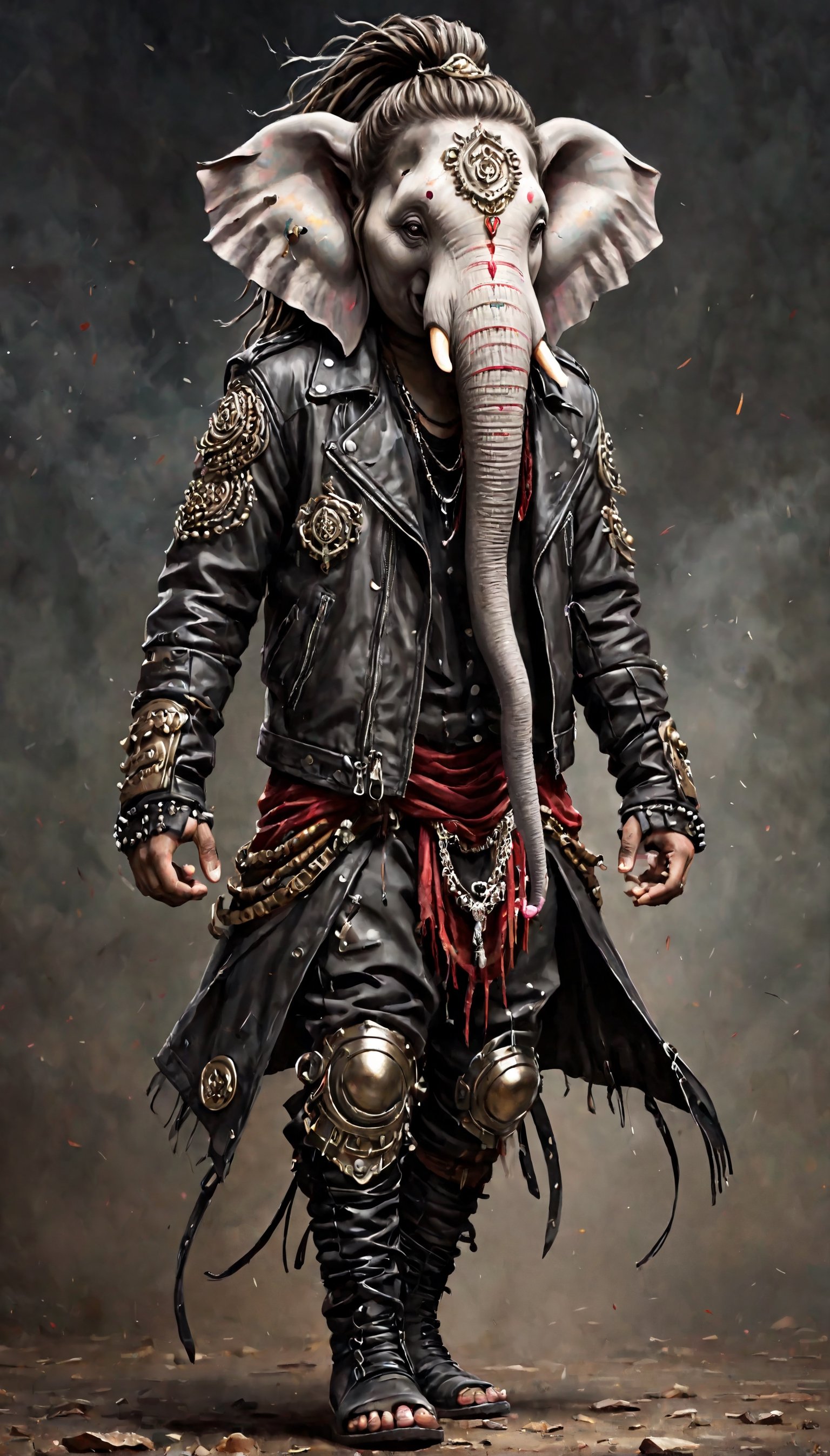 ultra Realistic,Ganesha,elephant Head God, adorned in a modern punk-rock ensemble, wears a tailored black leather jacket featuring intricate silver stud patterns reminiscent of sacred symbols,The jacket complements his long dreadlocks, each strand intricately styled, creating a fusion of divine elegance and rebellious flair. His knee-high boots, embellished with unique motifs, complete the ensemble, seamlessly marrying traditional Hindu symbolism with contemporary punk fashion, in the style of esao andrews,Extremely Realistic,LegendDarkFantasy,Animal Verse Ultrarealistic ,Made_of_pieces_of_bro