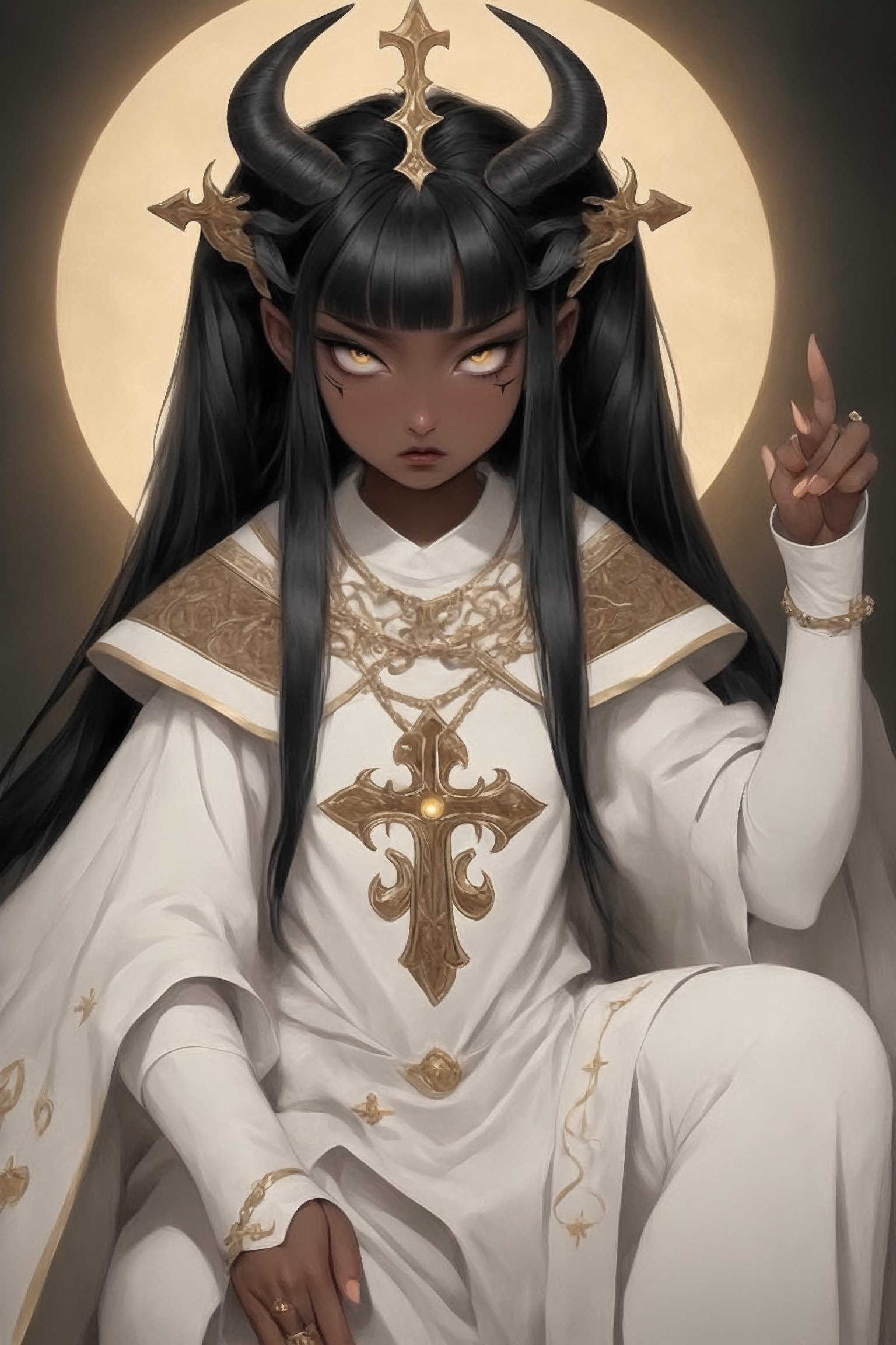 1 girl,supernatural being,(masterful),melanism demon girl,slit pupil eyes,Intricate Iris Details,,ebony skin,pure white pigtails, wearing solemn white and gold ceremonial robes, (majestic bishop's mitre),Envision the pontiff's attire enriched by intricate golden embroidery, sacred symbols,Utra,ellafreya,GothEmoGirl,glitt3r