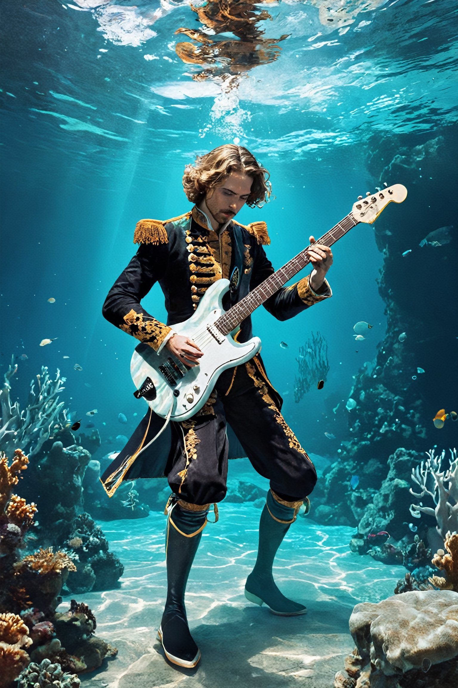 white man playing an electric guitar passionately at the bottom of the sea, dressed in Renaissance-era noble fashion. Envision the musician submerged in an ethereal aquatic scene, with his Renaissance-inspired attire flowing in the water as he rocks out on the electric guitar. Optimize for a visually striking composition that seamlessly blends the classical elegance of Renaissance fashion with the vibrant energy of underwater rock performance through StyleGAN.",ANIME