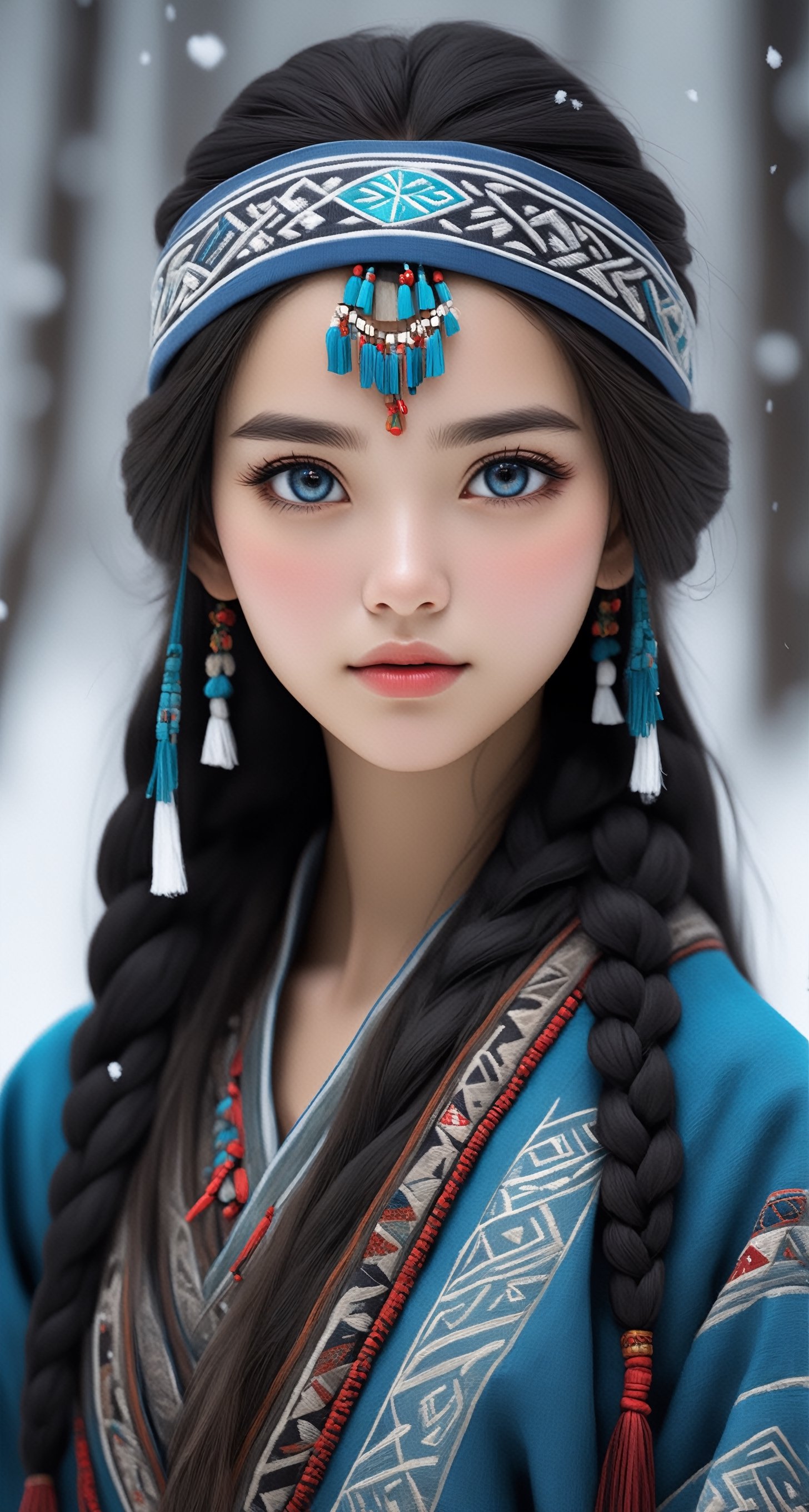 Realistic,full BODY,
Create an image depicting a beautiful girl wearing old traditional Ainu clothing,Russian a Siberian indigenous girl,long black straight hair,
Shabby threadbare worn-out clothes,beautiful crystal blue eyes,almond eyes,arment called an 'attush' made from intricately woven fabric, adorned with intricate geometric patterns. She also wears a 'kaparamip' headband with decorative embroidery,The clothing is rich in earthy tones like black and skull, reds, and greens, reflecting a deep connection to nature,
The girl stands in a serene frost forest setting, 
Girl dancing in the snow,