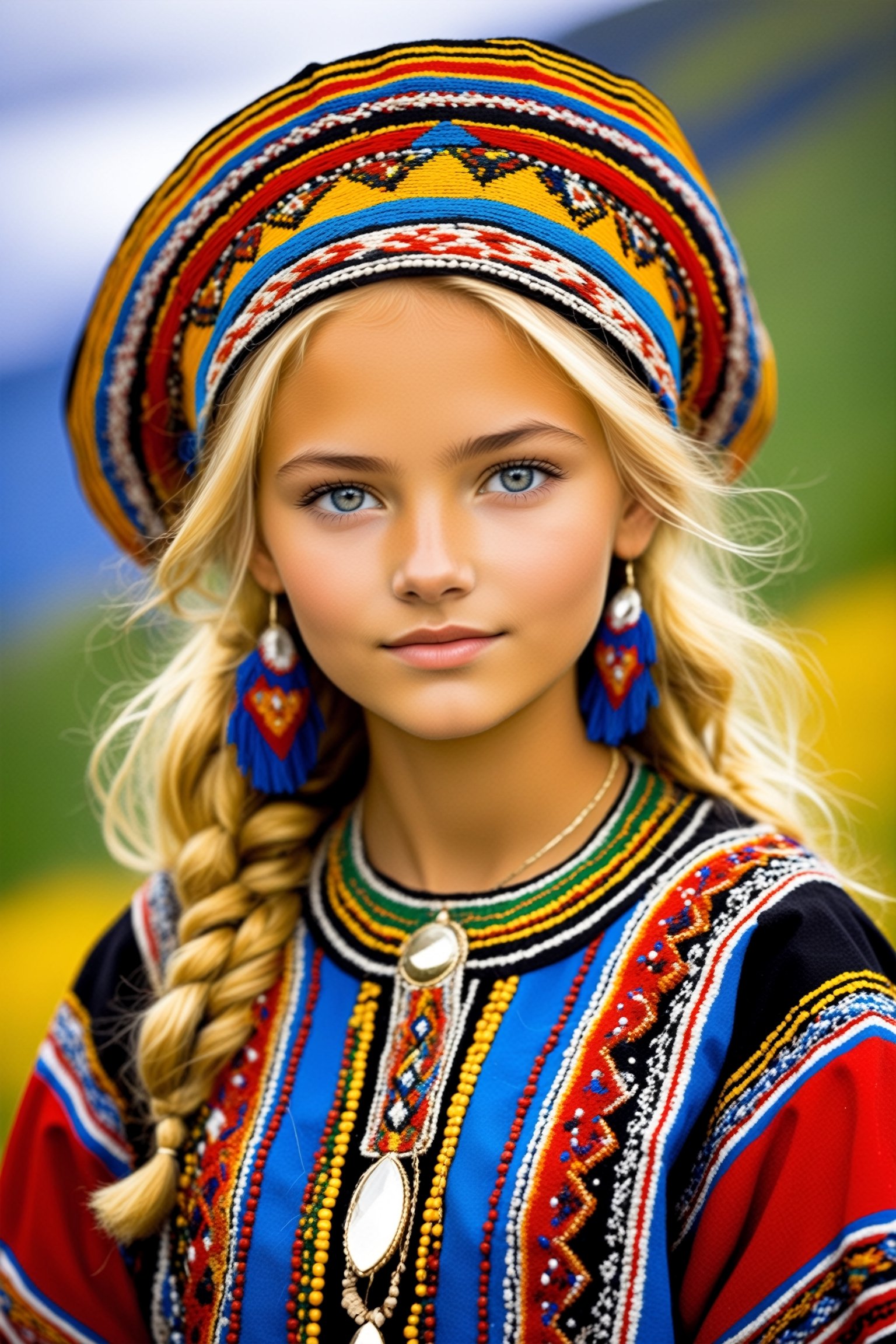  drop-dead gorgeous beautiful young girl,17 years old,highly clear face,very cute, Beautiful blonde hair,bright look,smooth curly hair,
adorned in traditional Sami clothing  kofte, representing the indigenous people of northern Europe,Her kofte intricately embroidered in vibrant colors, is complemented by traditional accessories such as a beaded belt and intricately woven headgear,,ol1v1adunne,photo_b00ster