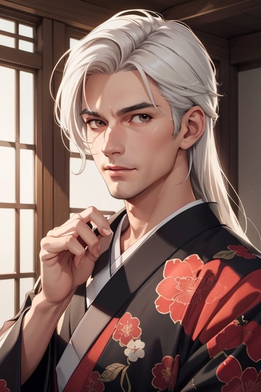 ukitake jushiro,

((mature guy)), ((male)), straight long white hair, brown eyes, kimono, ((clean shaven)),

((solo)), ((one shot)), masterpiece:1.2), best quality, high resolution, unity 8k wallpaper, illustration, (beautiful detailed eyes:0.8), extremely detailed face, perfect lighting, extremely detailed CG, (perfect hands, perfect anatomy), vibrant