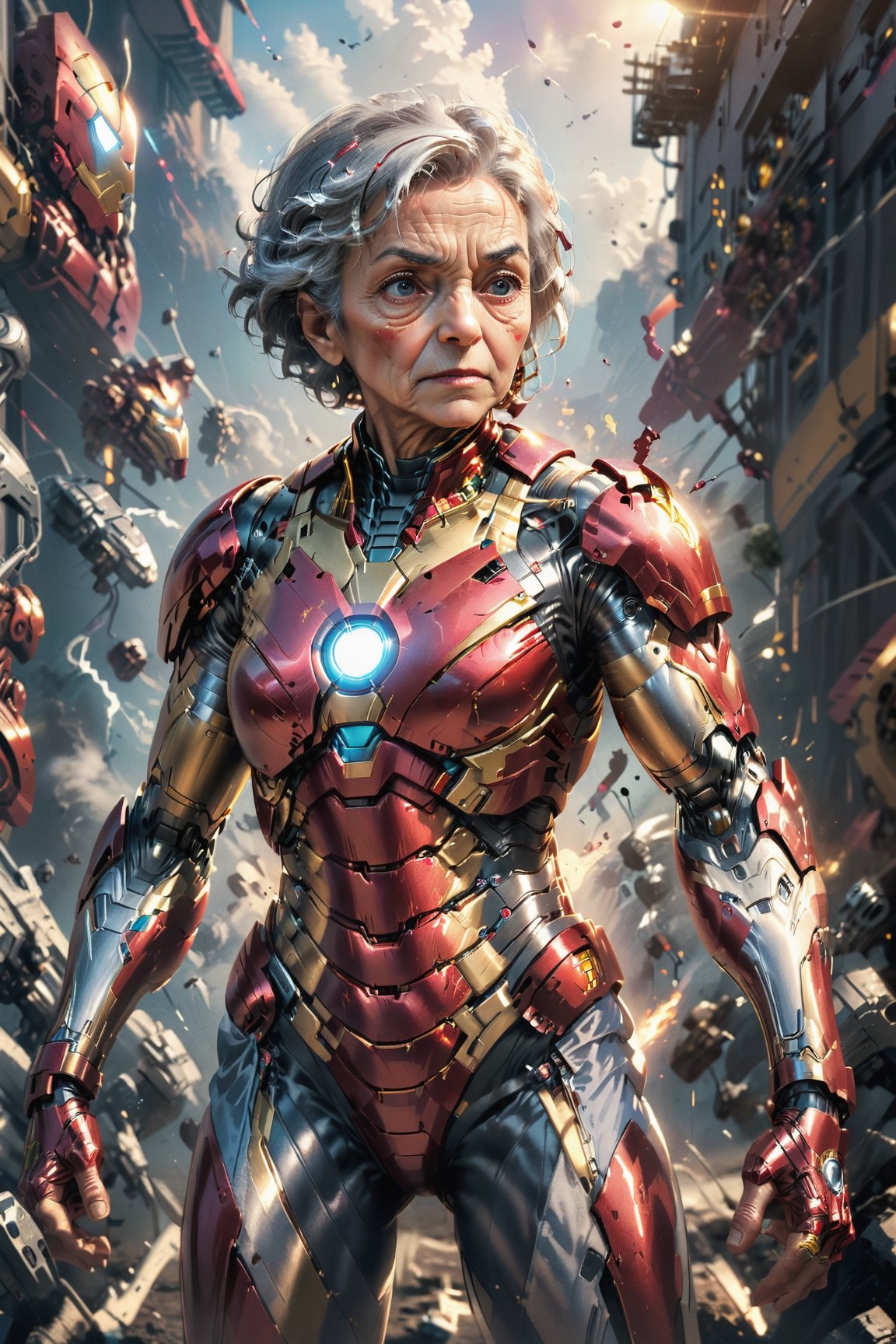 An old grandma wearing ironman suit, superhero pose, hdr, high_res, 8k, high quality, intricate details, hyper-detailed, ultra-realistic photo, masterpiece, film still