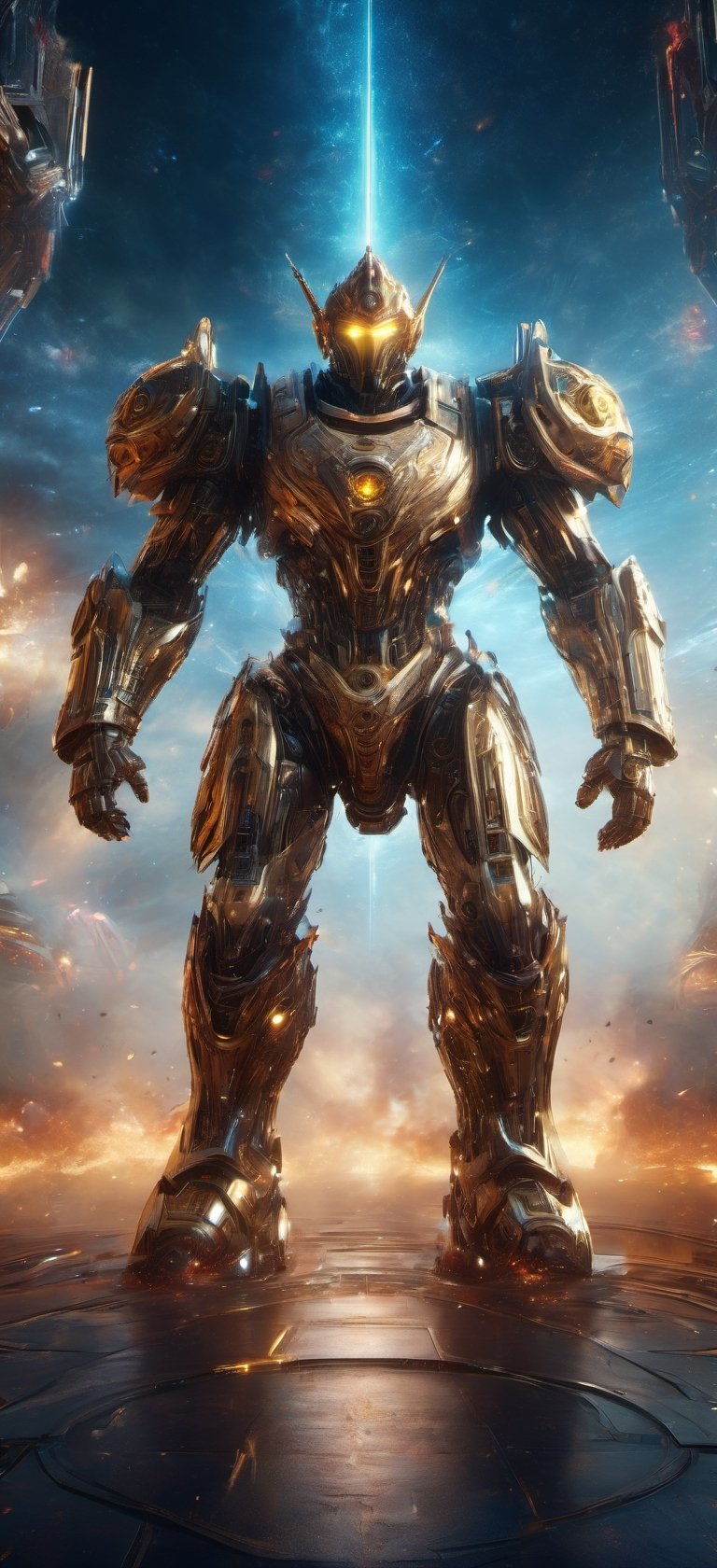 (High quality, masterpiece:1.2, 16K), (HDR:1.4)(ultrarealistic:1.5), Giant robot wars,Renaissance Sci-Fi Fantasy,High Renaissance, dust, explosion, laser beam, dramatic, cinematic lighting composition, lens flare, epic, majestic aura surroundings, (highly_detailed:1.8), extremely detailed textures, 