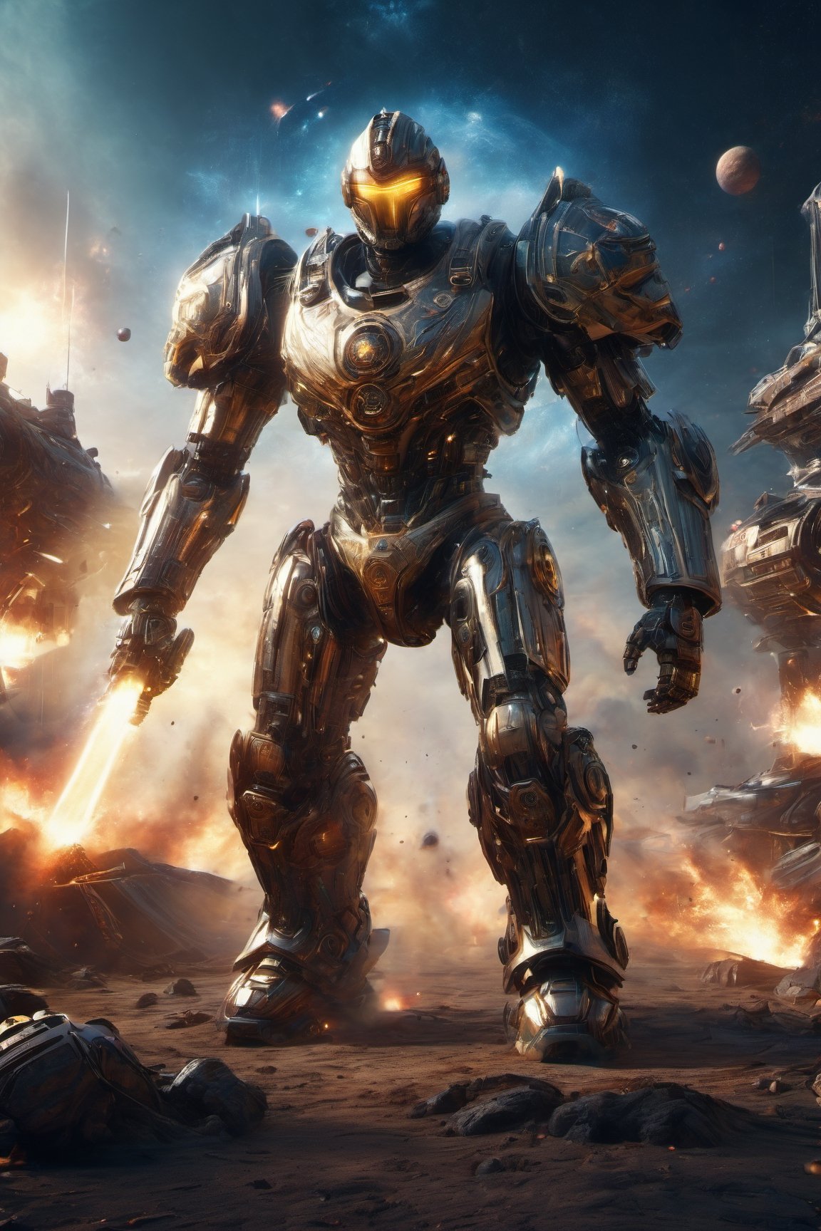 (High quality, masterpiece:1.2, 16K), (HDR:1.4)(ultrarealistic:1.5), Giant robot wars,Renaissance Sci-Fi Fantasy,High Renaissance, dust, explosion, laser beam, dramatic, cinematic lighting composition, lens flare, epic