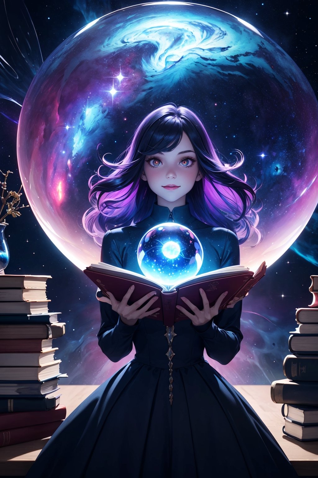 1girl wearing ghoul dress, holding a crystal glass ball that encasing a whole nebula within, study room full of flying book in the background, complex_bg, vibrant color, shining clothes that embracing entire universe, glowing llight sparkles