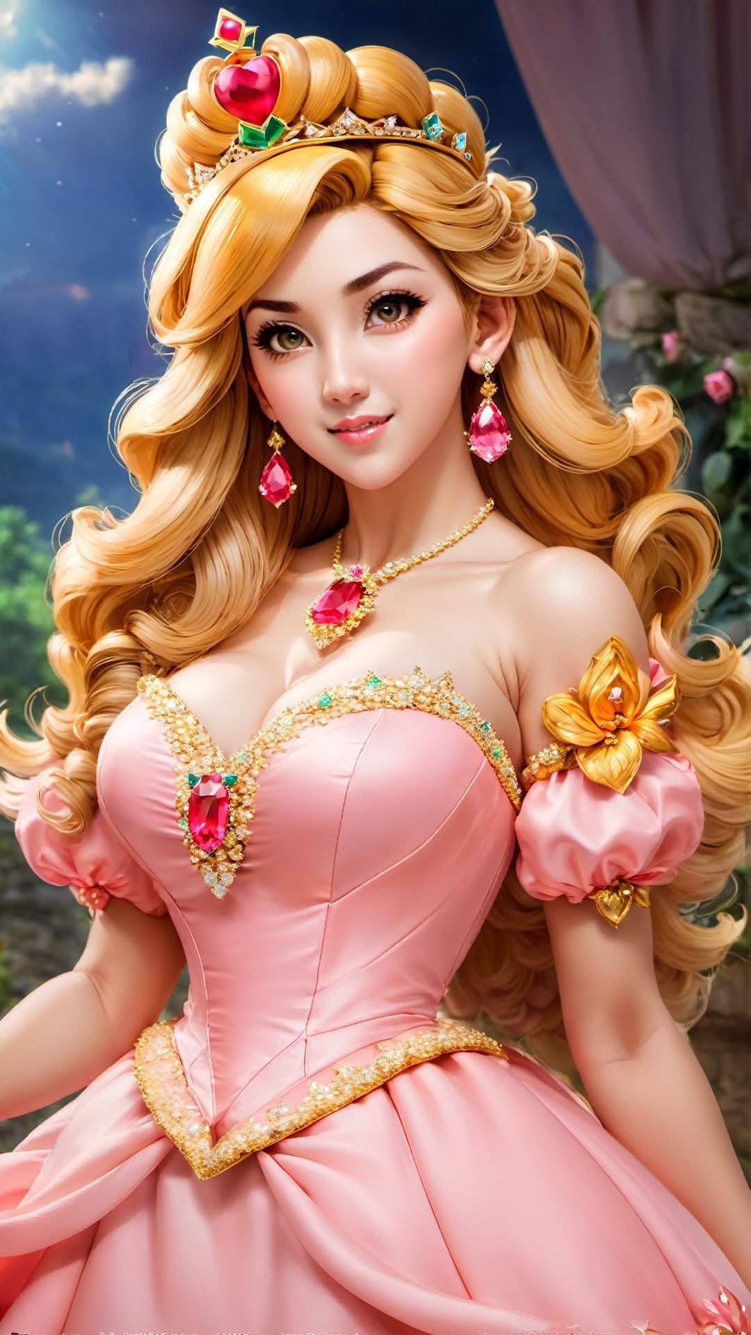 Hasilkan photo real version dari karakter ((Princess Peach)) yg berasal dari Video Games, Princess Peach tampil dengan busana blooming long dress sexy dan menggoda, warna pinky,  mahkota crown princess dengan love jewel, expression cute dan centil bak cabe cabean (hahaha), tampak utuh full body, berbadan kekar muscular dan vein berotot, photo ini harus terlihat seperti di photo studio dan diambil oleh the best cameraman terbaik seantero jagat untuk menghasilkan komposisi gambar yang memuaskan setiap mata yang melihatnya. 
"hahahaha... I love Indonesia" :p