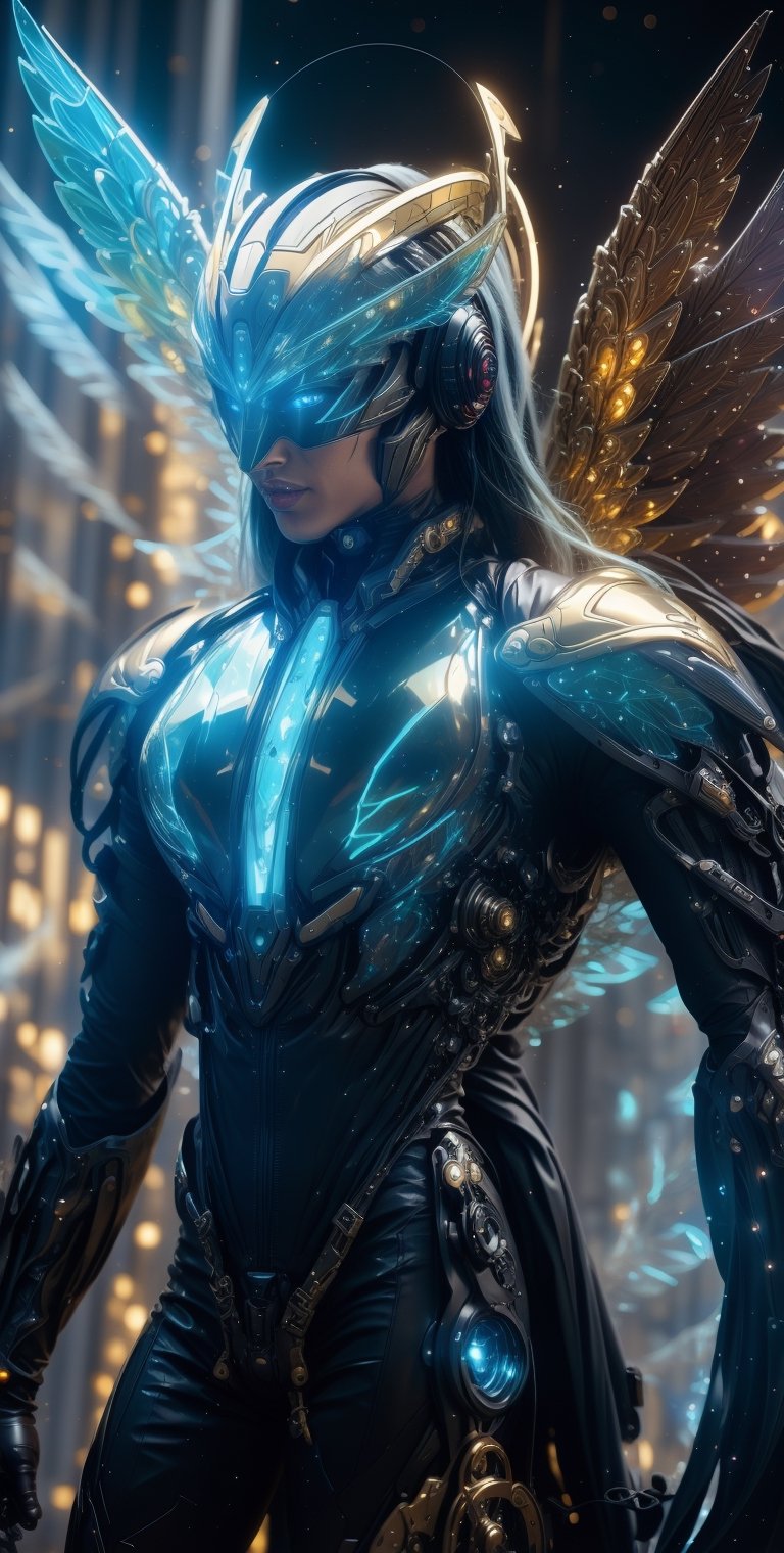 Generate a image of a dystopian cyberpunk Archangel, godlike appearance, Almighty, muscular body, stars radiant clothes, big wings powered by jet booster, holy halo helmet made from transparent glass, veined muscles, starry nebula background, planets, dramatic, cinematic, magical aura, mysterious mist, neon glow concept art, sharp focus, high detail,Detailed face, full body shoot, from below angle, wide camera, picrealism,wrenchsmechs