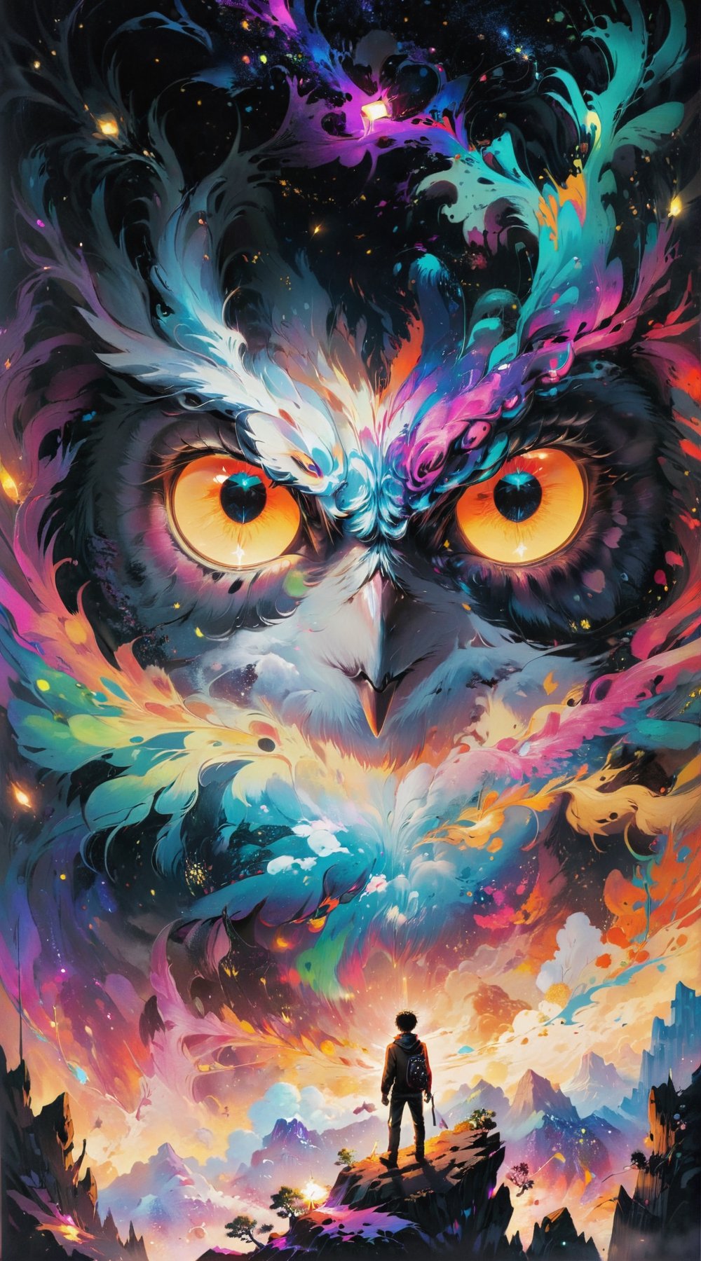 (Masterpiece:1.4,high quality:1.4, HDR) (ultrarealistic:1.4),Movie Poster, a man with owl head, glittery eyes, cute_fang, cuteness overload, imagine a colorful background contrasting with void blackness around the man, algorithmic fractal art, sparkling light shining from heaven, confronting the siluet into the background to create a mesmerizing sharpness image,MoviePosterAF