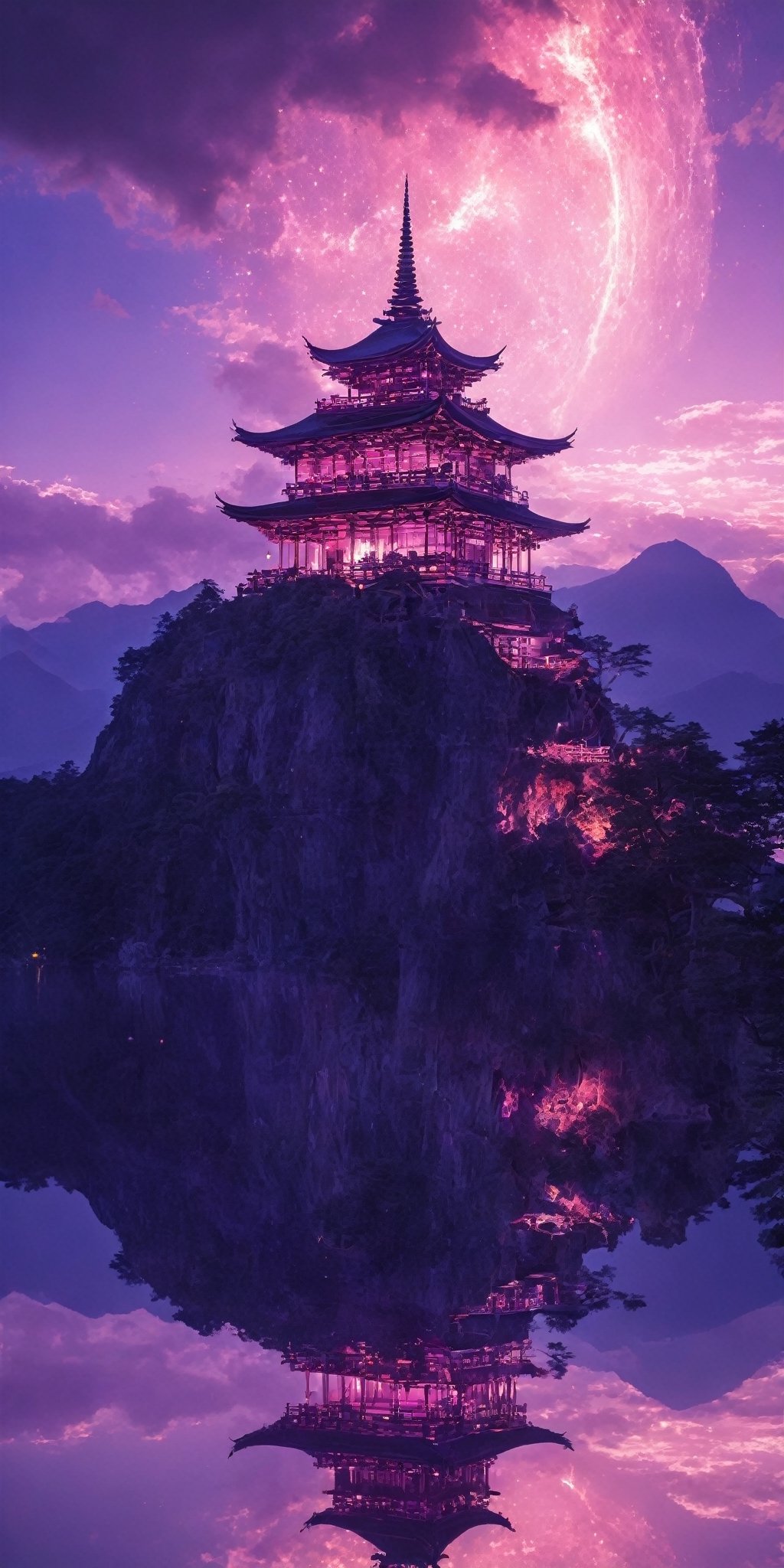 ((Wallpaper, Masterpiece, Intricate Detail)) Beneath the evening sky, behind the violet-colored mountain was a towering peak which stretched up to the sky, Half way up the mountain was a giant majestic pavilion, the greater part of which stretched out of the mountain to hang in mid-air with a fairy goddess in the front, At nighttime, when the stars came out, it almost seemed possible to reach up and touch the sky, he rays of the setting sun fell across everything, creating a languid atmosphere, The golden glow combined with the rosy clouds on the horizon led to a scene of incredible beauty, by Lenkaizm, tenkaippin, hyper-detail, vibrant, photo-realistic, ethereal vibe, heavenly rays